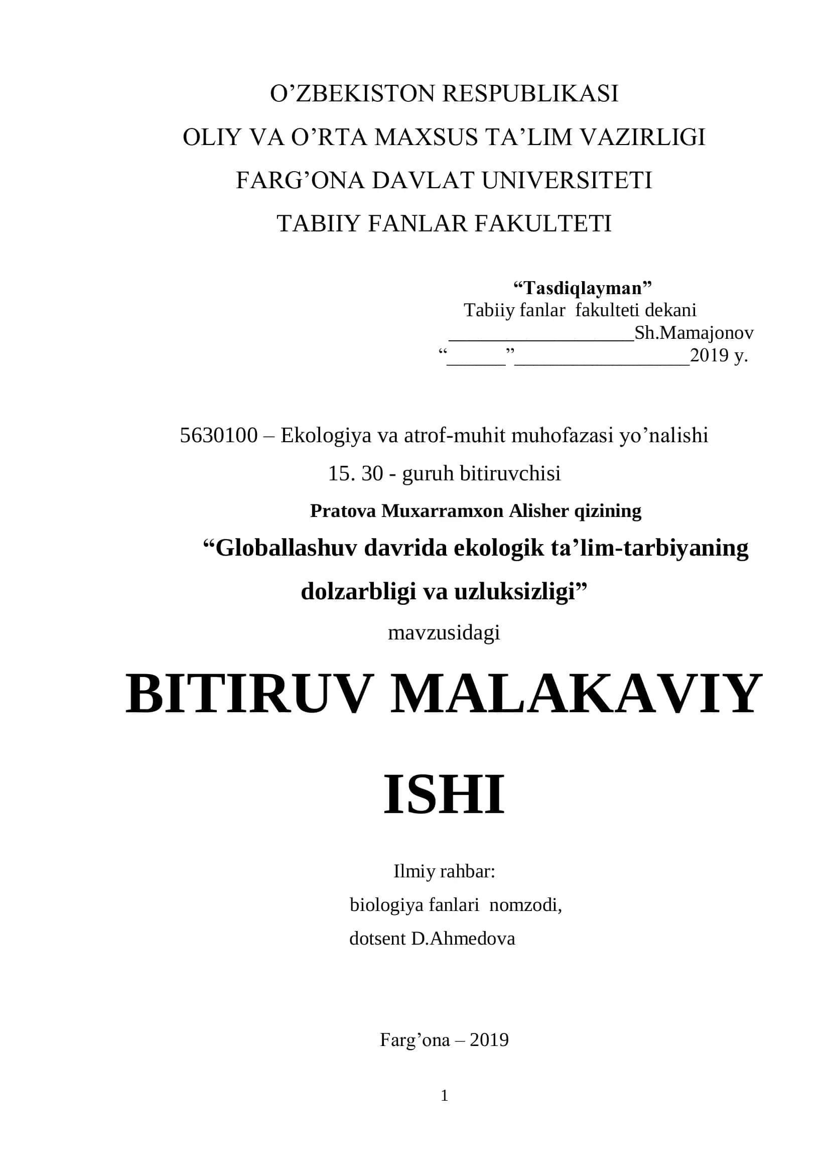 Globallashuv davrida ekologik ta’lim-tarbiyaning dolzarbligi va uzluksizligi