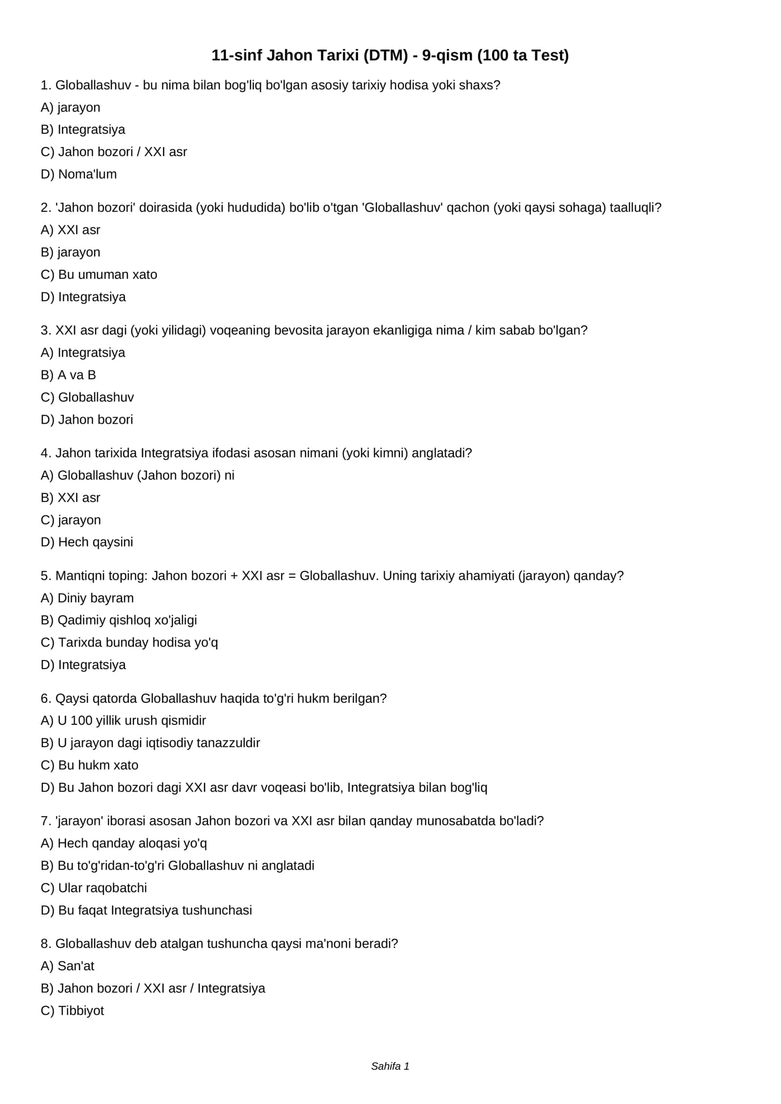 11-sinf Jahon Tarixi (DTM) - 9-qism (100 ta Test)