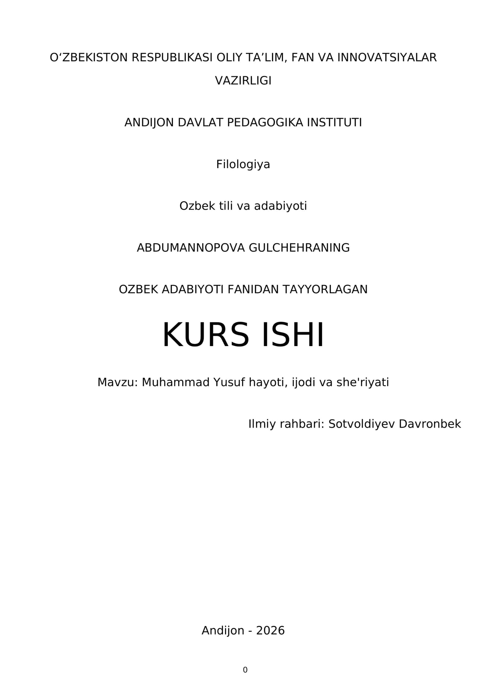 Abdumannopova Gulchehraning O'zbek adabiyoti kurs ishi