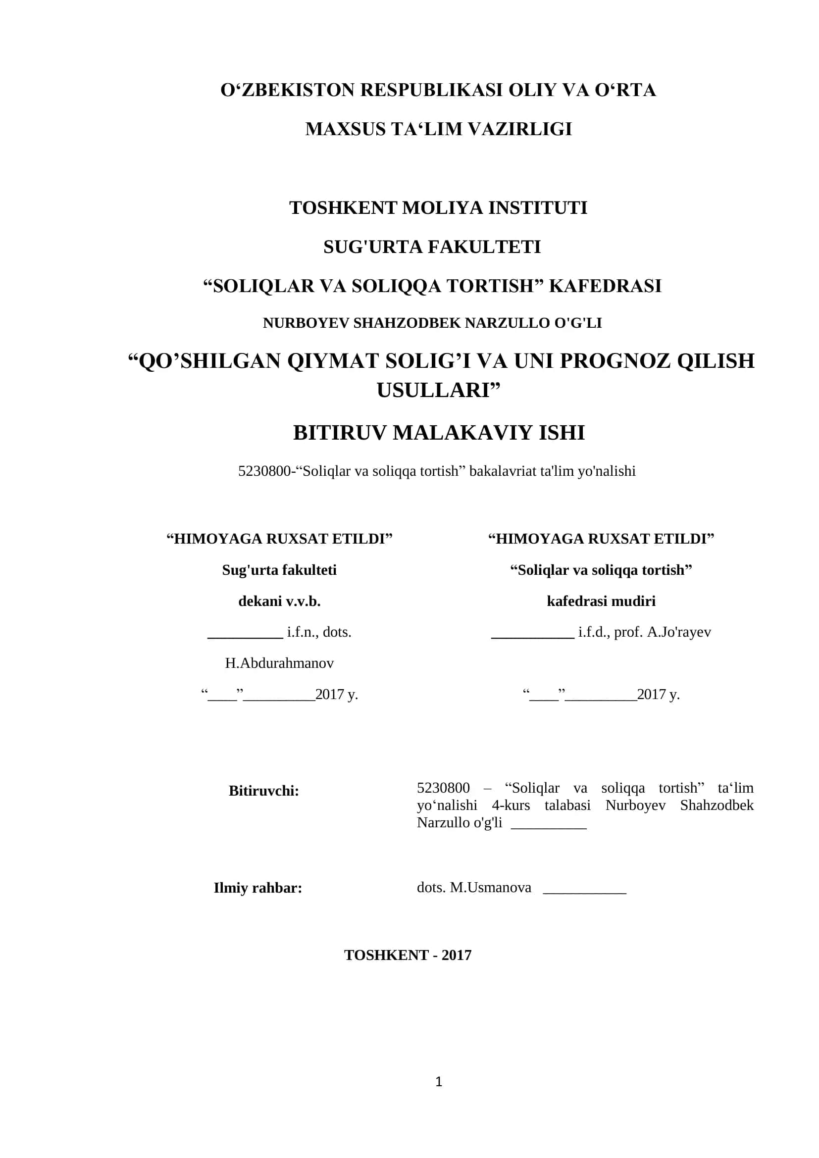 Qo‘shilgan qiymat solig’i va uni prognoz qilish usullari