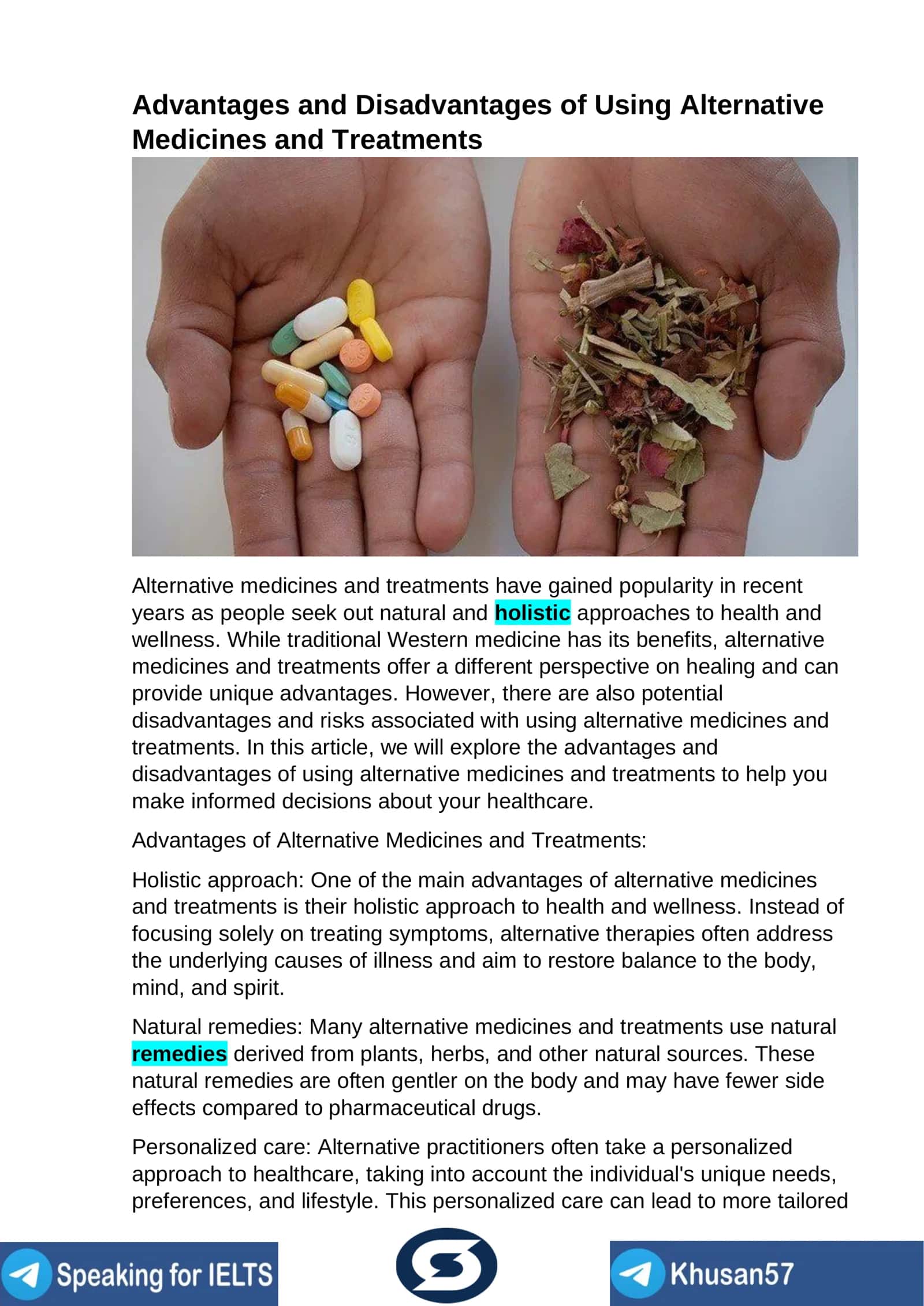 Advantages and Disadvantages of Using Alternative Medicines and Treatments
