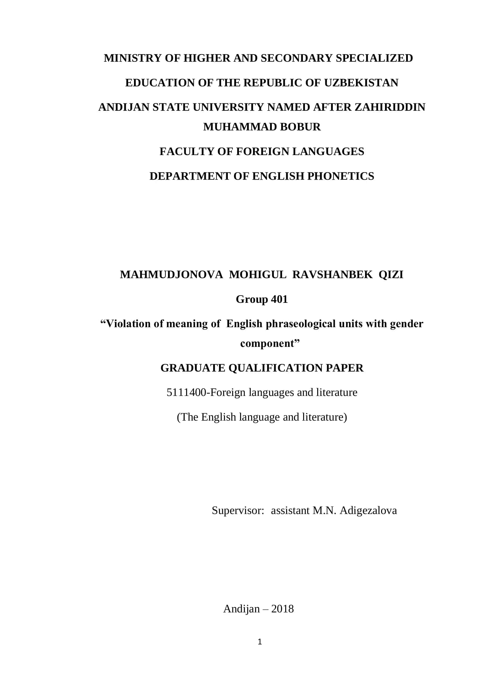 Violation of Meaning of English Phraseological Units with Gender Component