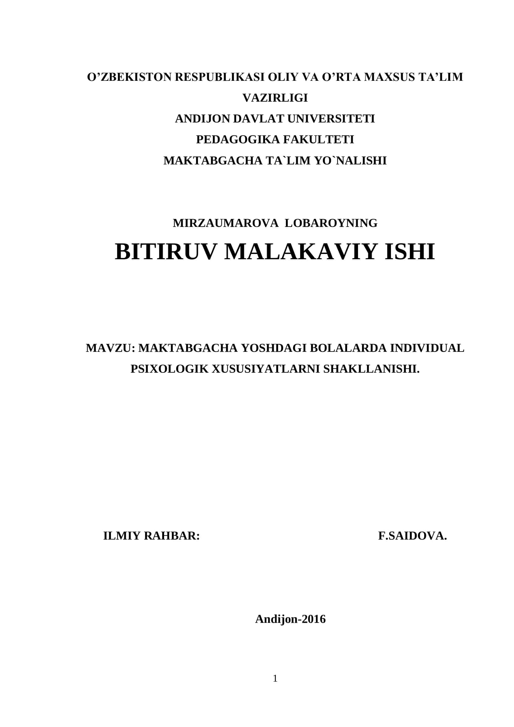 MAKTABGACHA YOSHDAGI BOLALARDA INDIVIDUAL PSIXOLOGIK XUSUSIYATLARNI SHAKLLANISHI