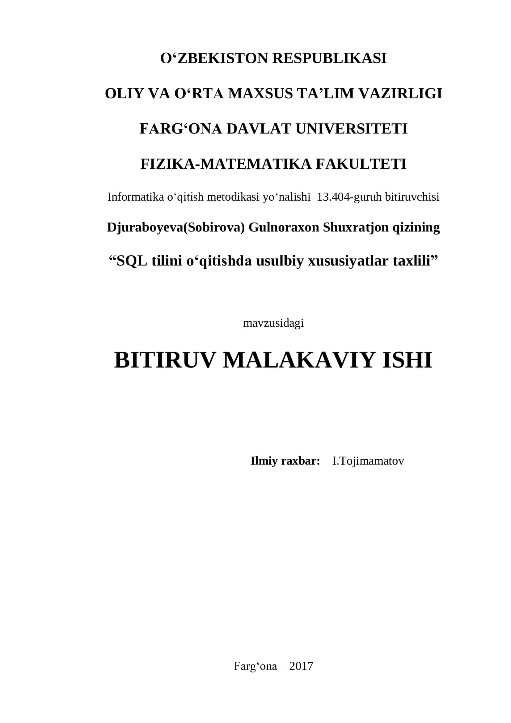 "SQL tilini o„qitishda usulbiy xususiyatlar taxlili"