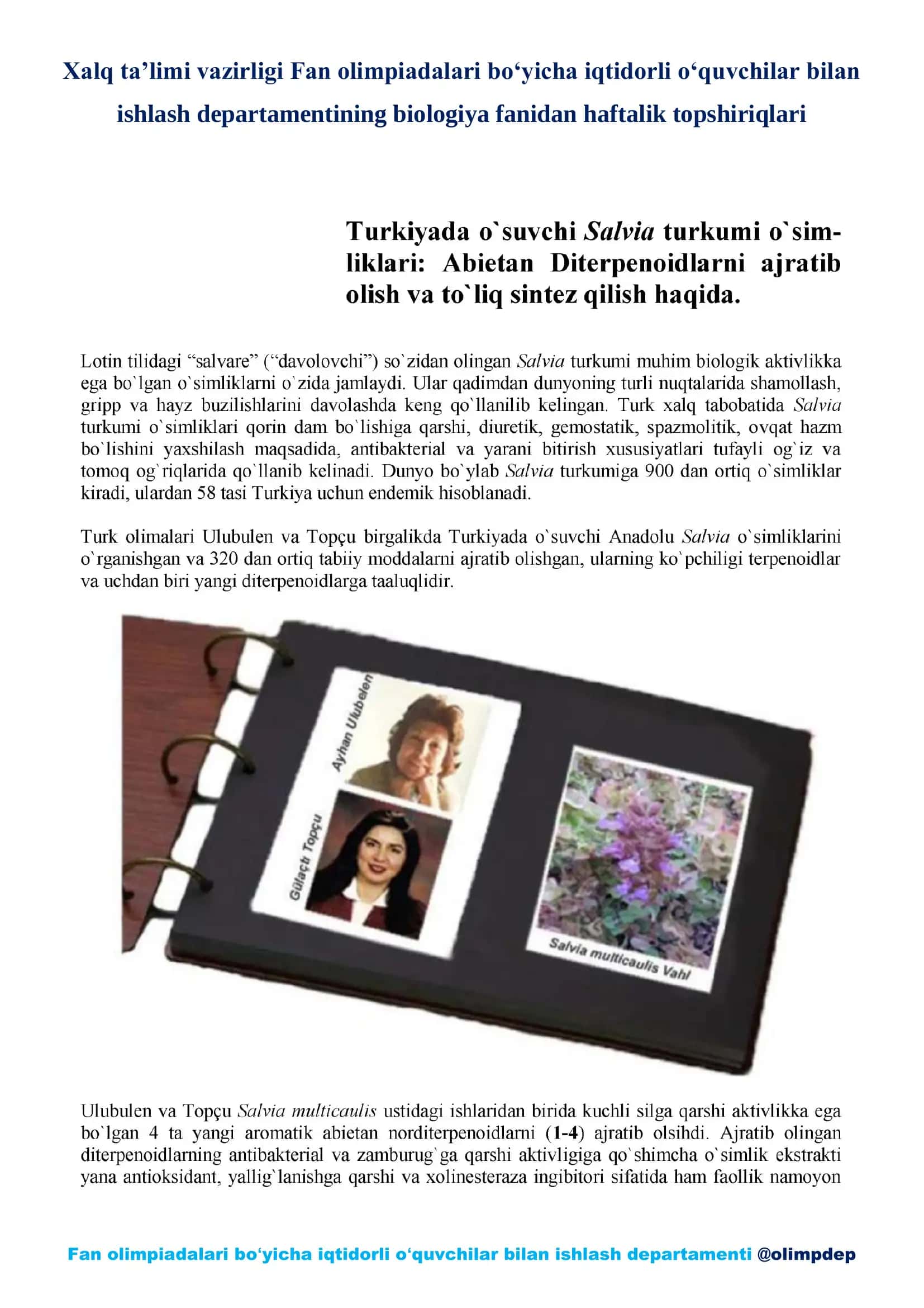 Biologiya fanidan haftalik topshiriqlar
