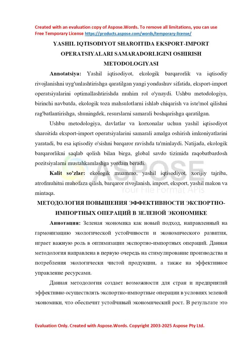 Yashil iqtisodiyot sharoitida eksport-import operatsiyalarini samaradorligini oshirish metodologiyasi