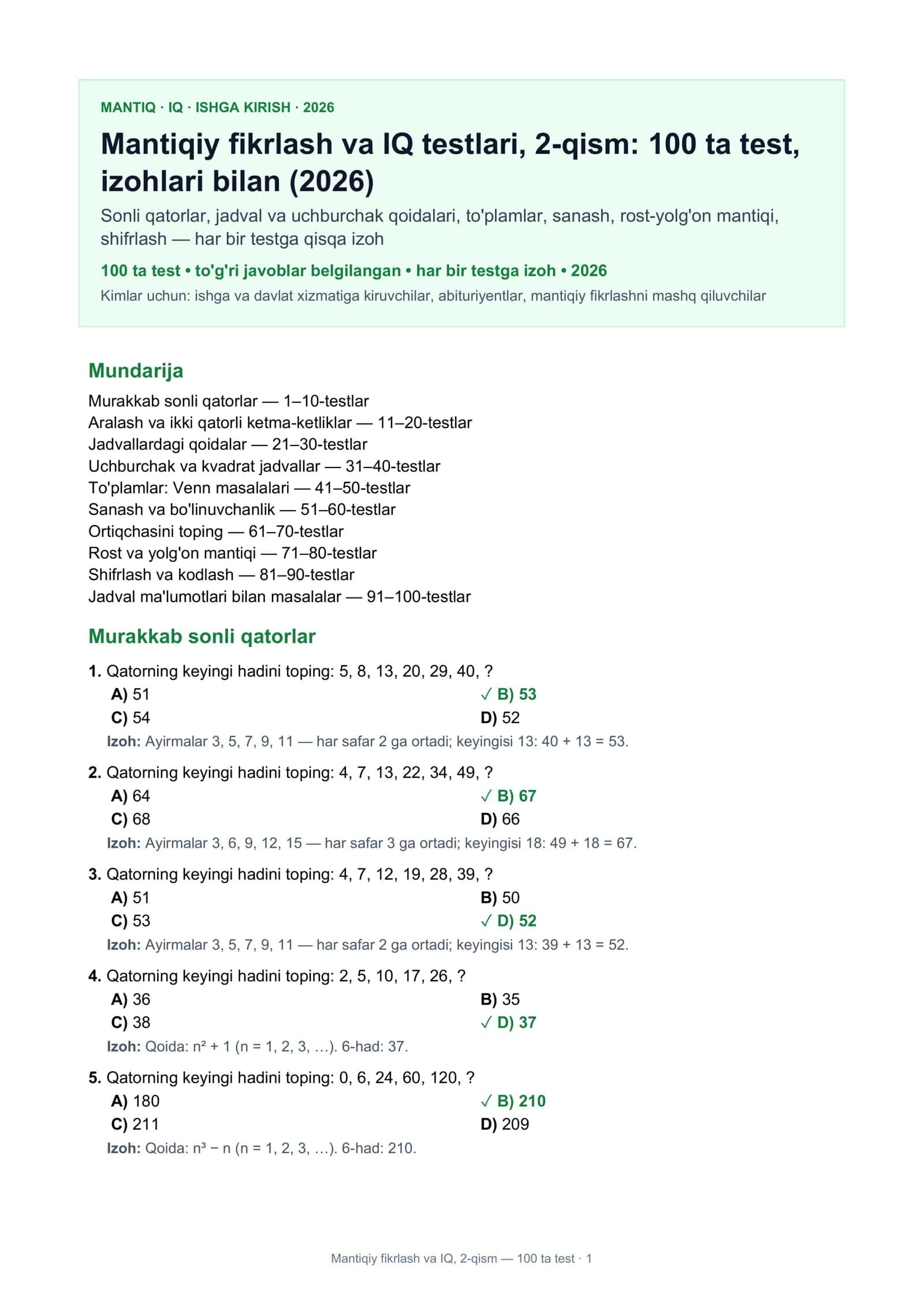 Mantiqiy fikrlash va IQ, 2-qism — 100 ta test · 1