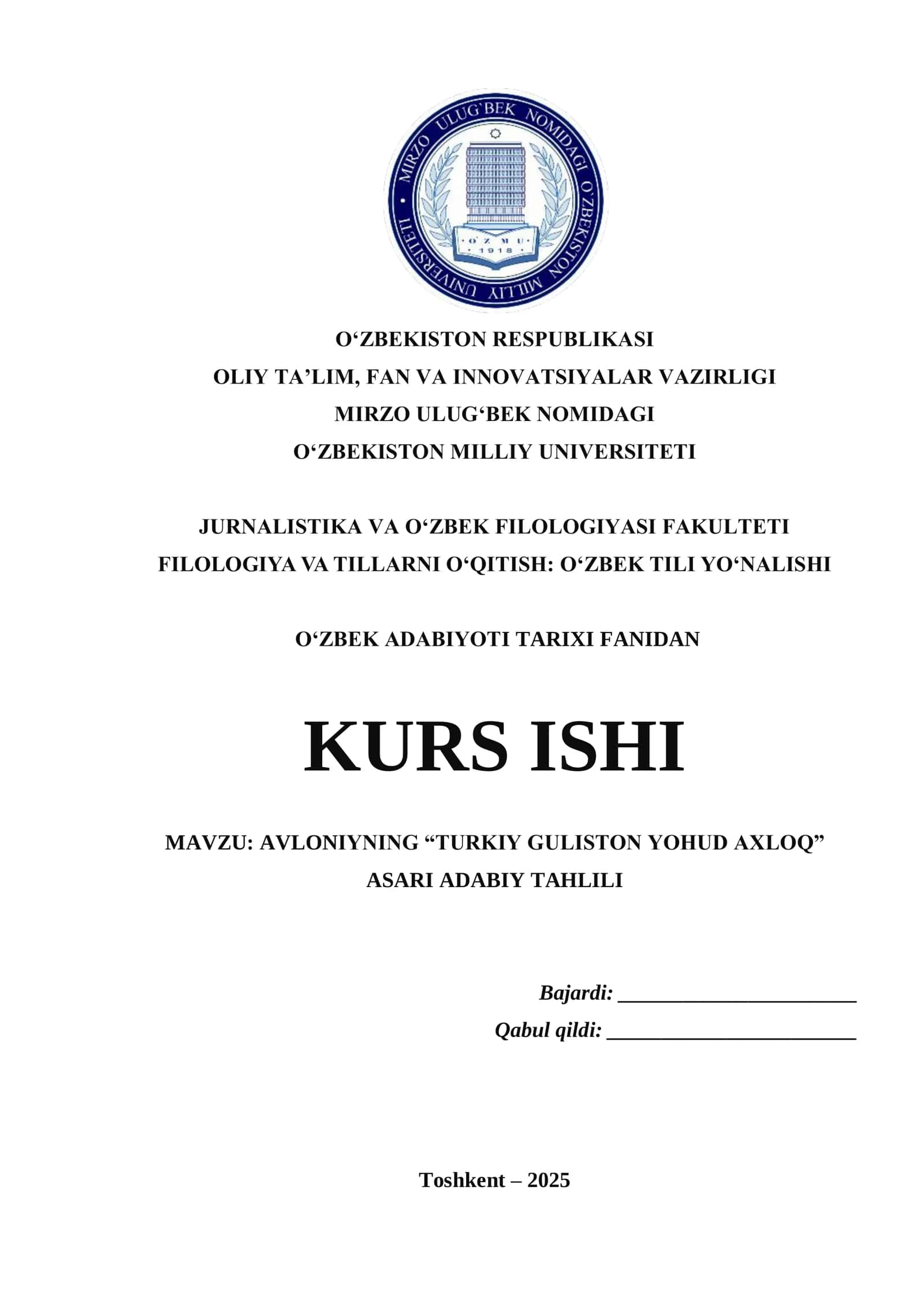 AVLONIYNING “TURKIY GULISTON YOHUD AXLOQ” ASARI ADABIY TAHLILI