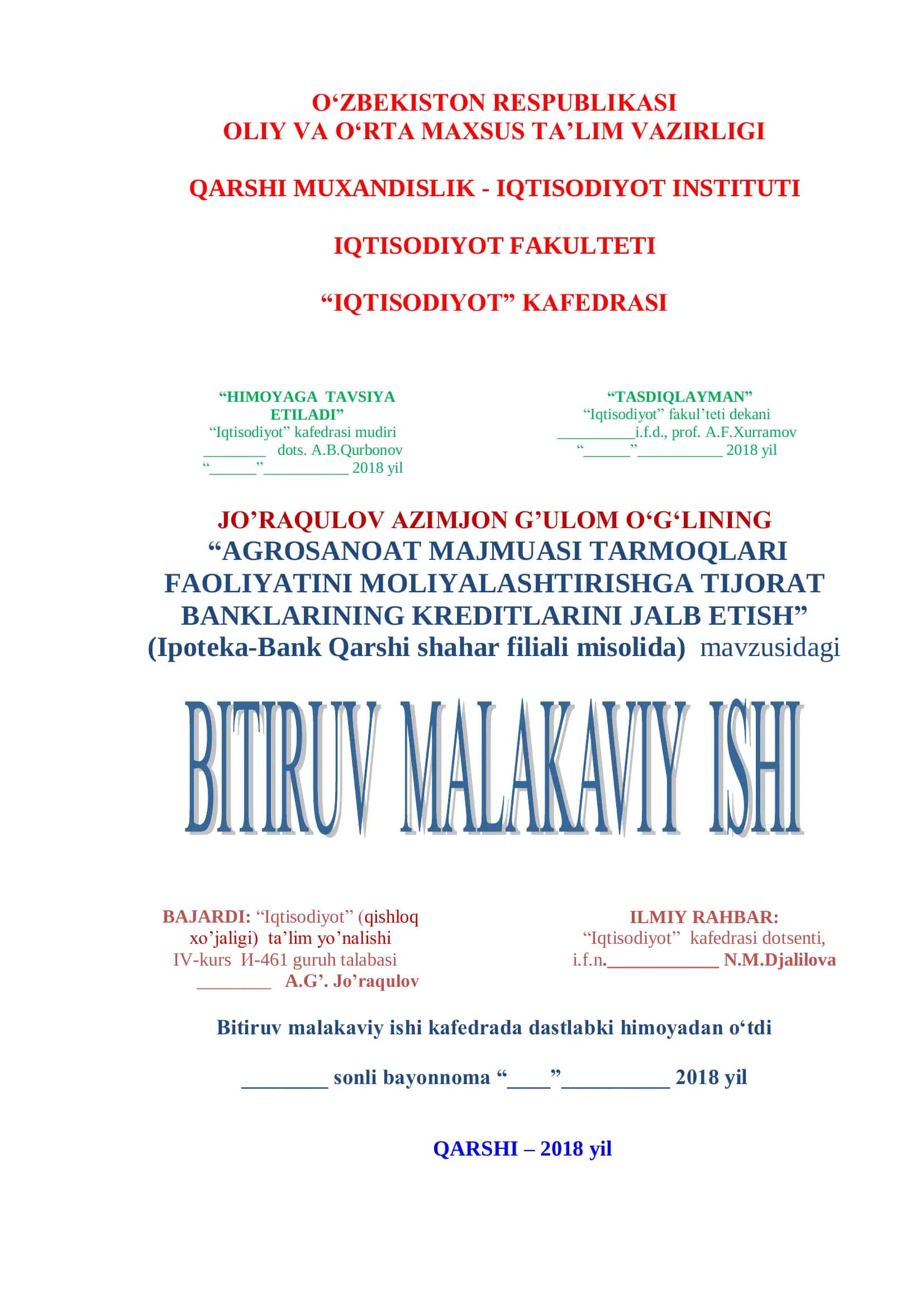 AGROSANOAT MAJMUASI TARMOQLARI FAOLIYATINI MOLIYALASHTIRISHDA TIJORAT BANKLARINING KREDITLARINI JALB ETISH