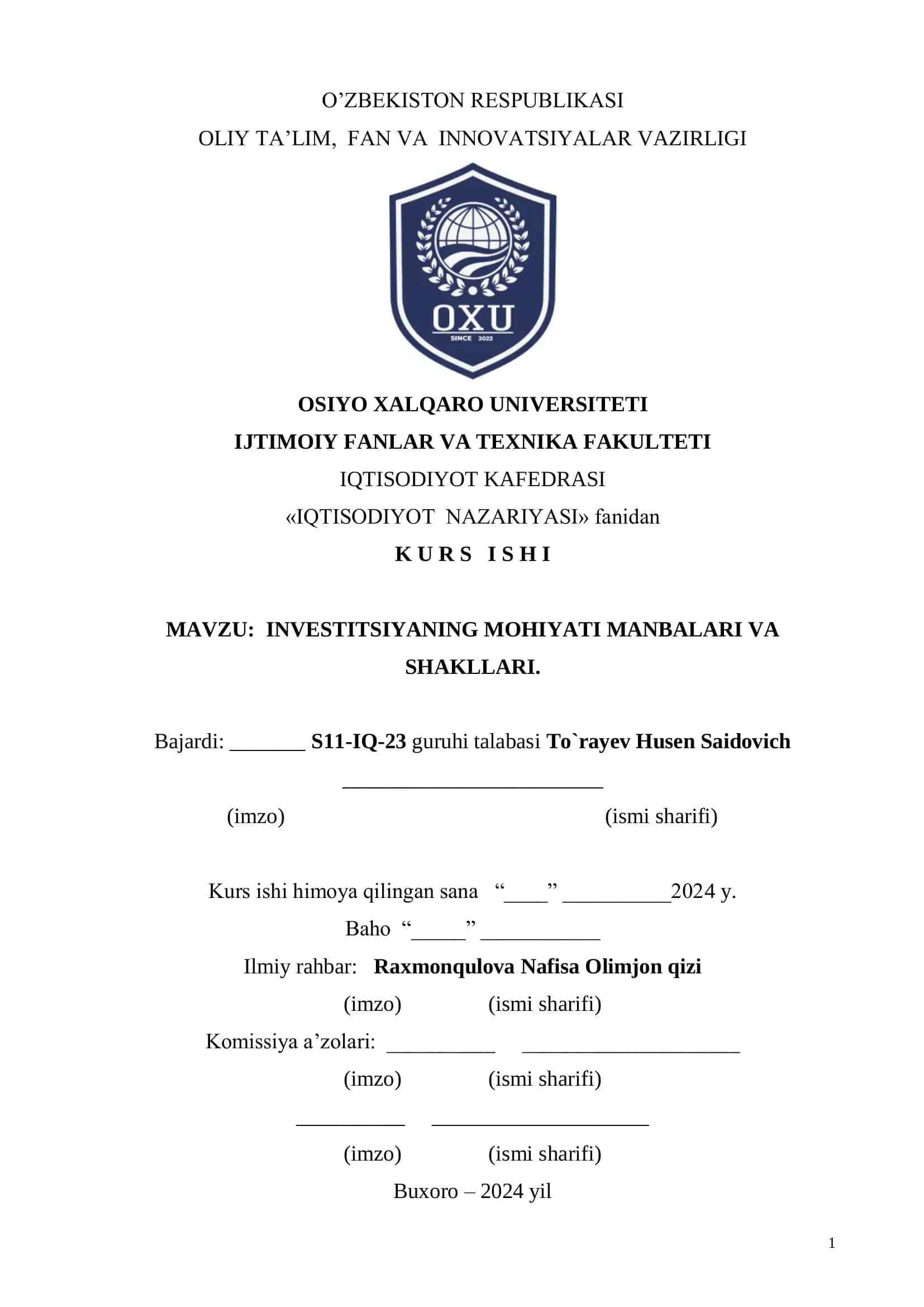 INVESTITSIYANING MOHIYATI MANBALARI VA SHAKLLARI