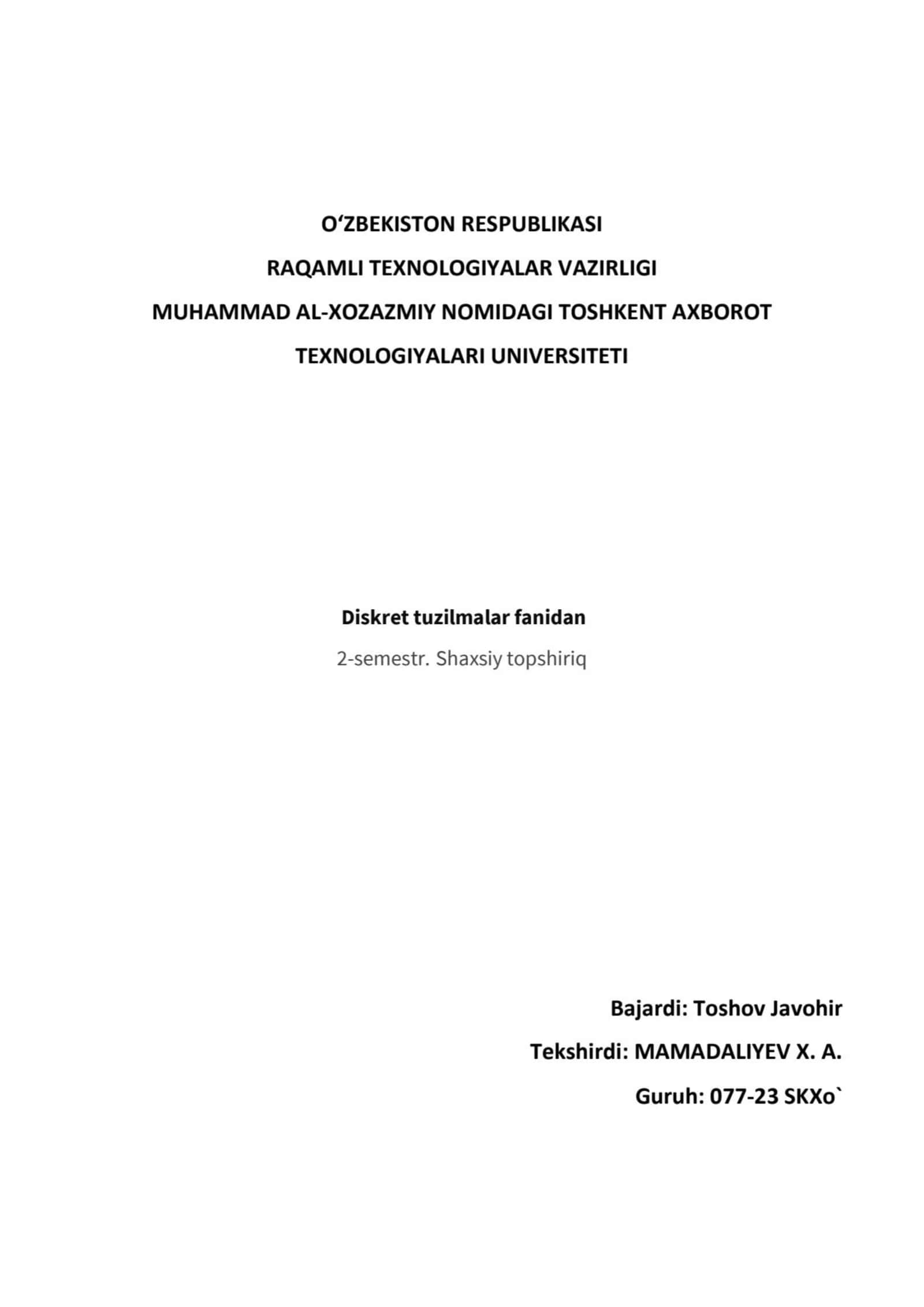 diskret tuzilmalar fanidan deadline