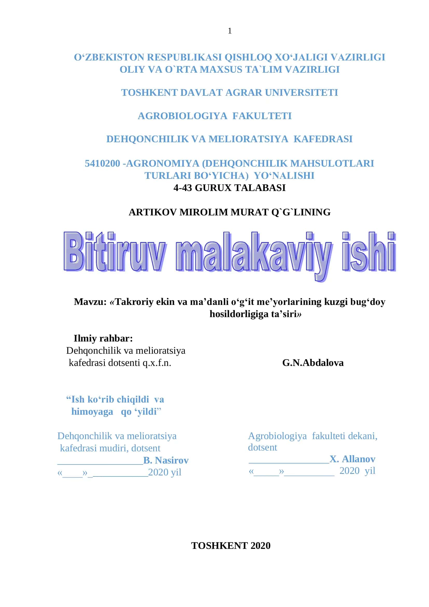Takroriy ekin va ma’danli o‘g‘it me’yorlarining kuzgi bug‘doy hosildorligiga ta’siri
