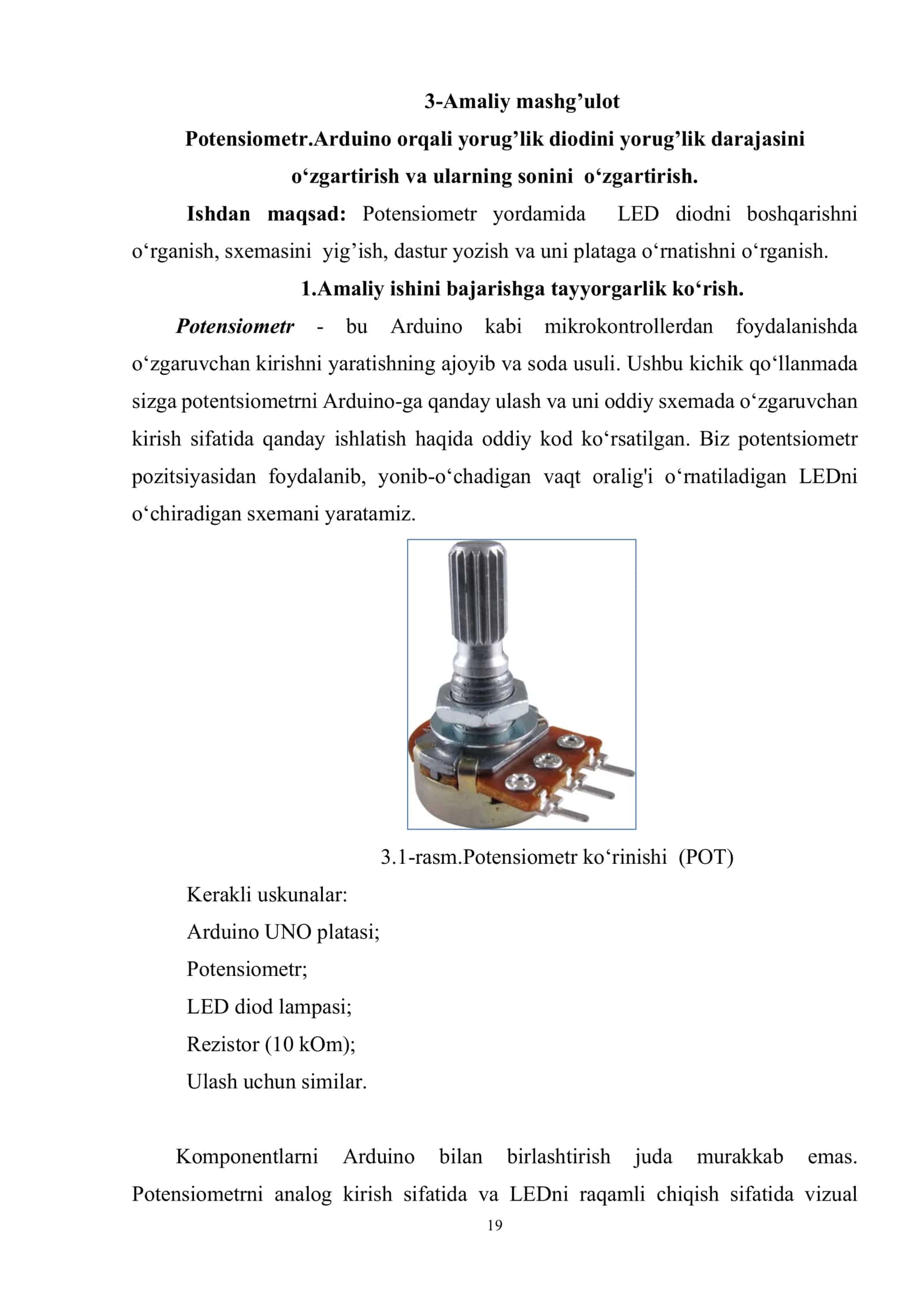 Potensiometr.Arduino orqali yorug’lik diodini boshqarish