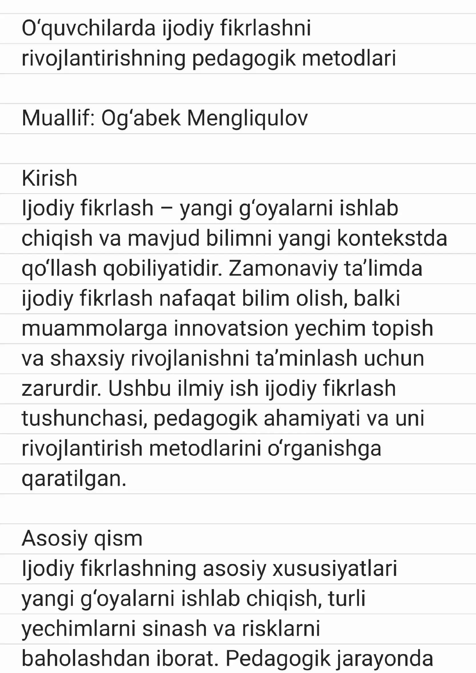 Ijodiy fikrlashning pedagogik metodlari