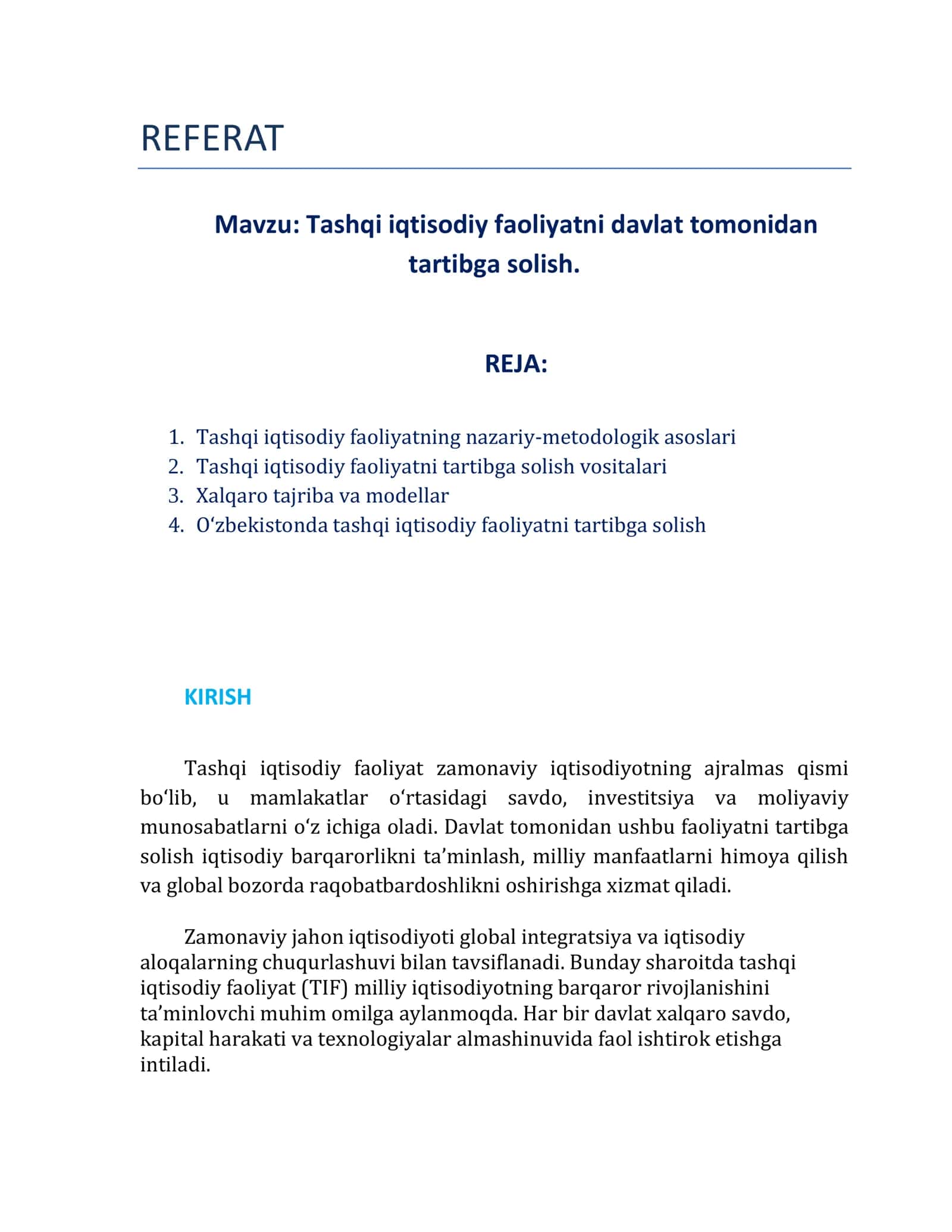 Tashqi iqtisodiy faoliyatni davlat tomonidan tartibga solish