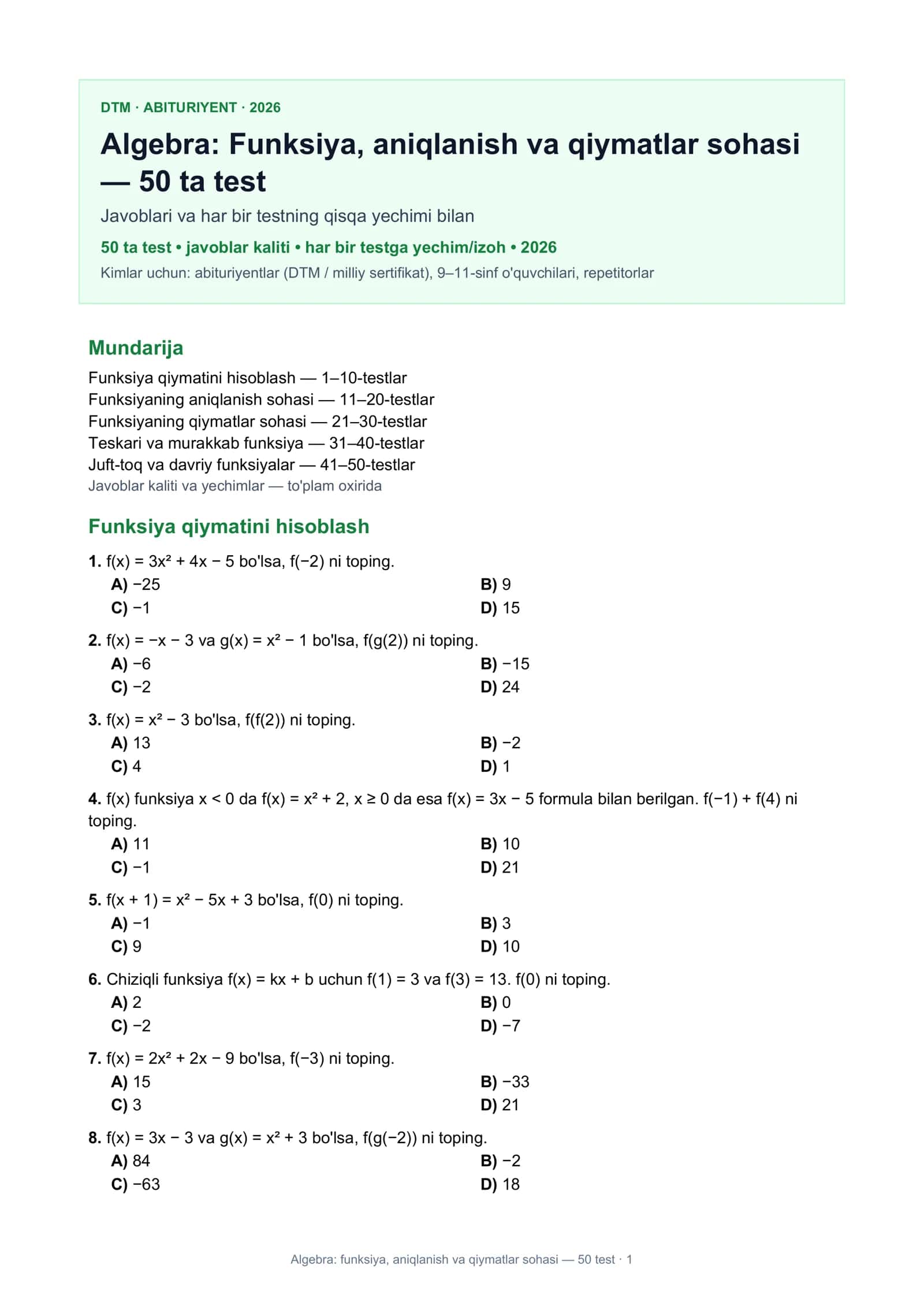 Algebra: funksiya, aniqlanish va qiymatlar sohasi