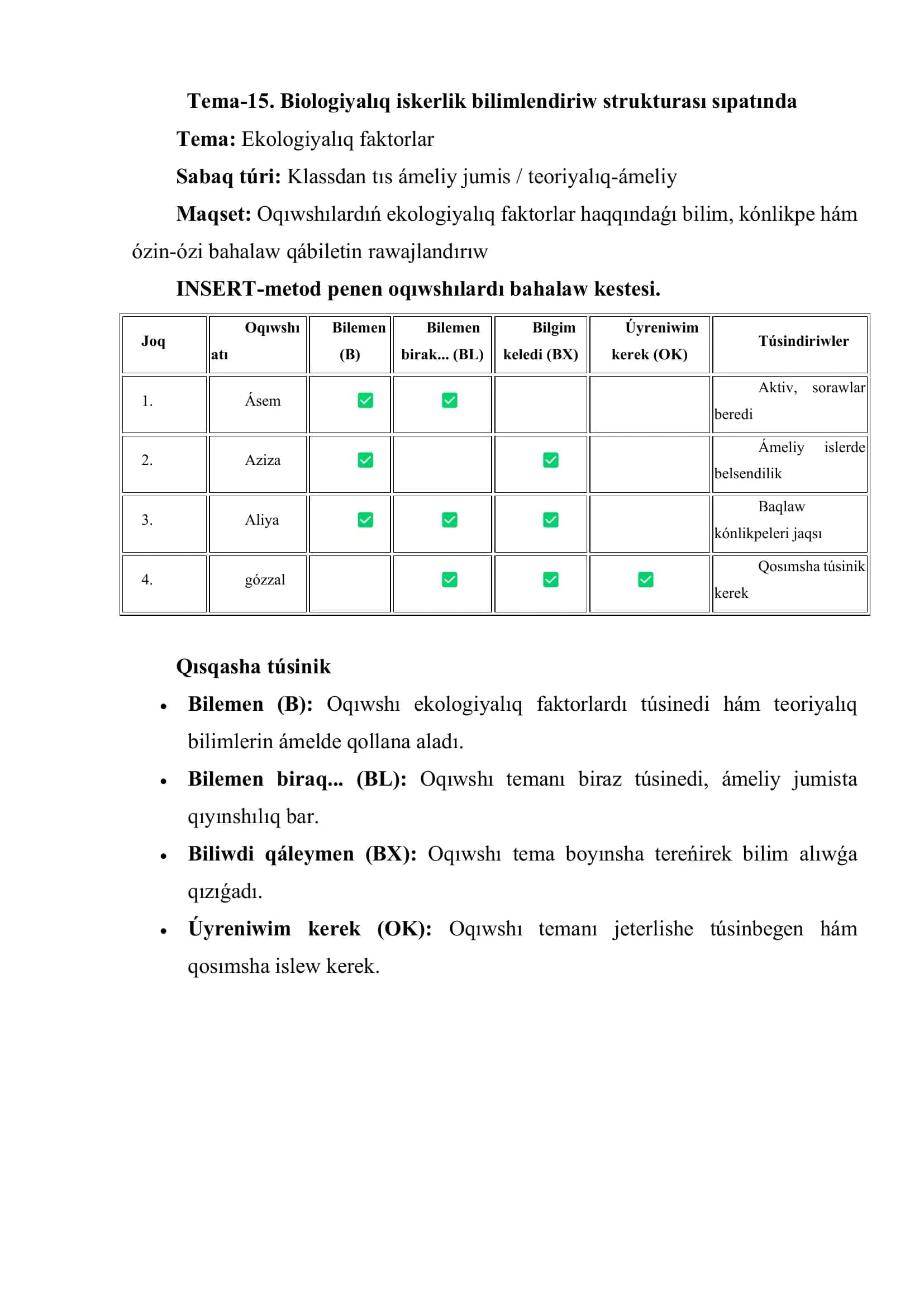 Tema-15. Biologiyalıq iskerlik bilimlendiriw strukturası sıpatında