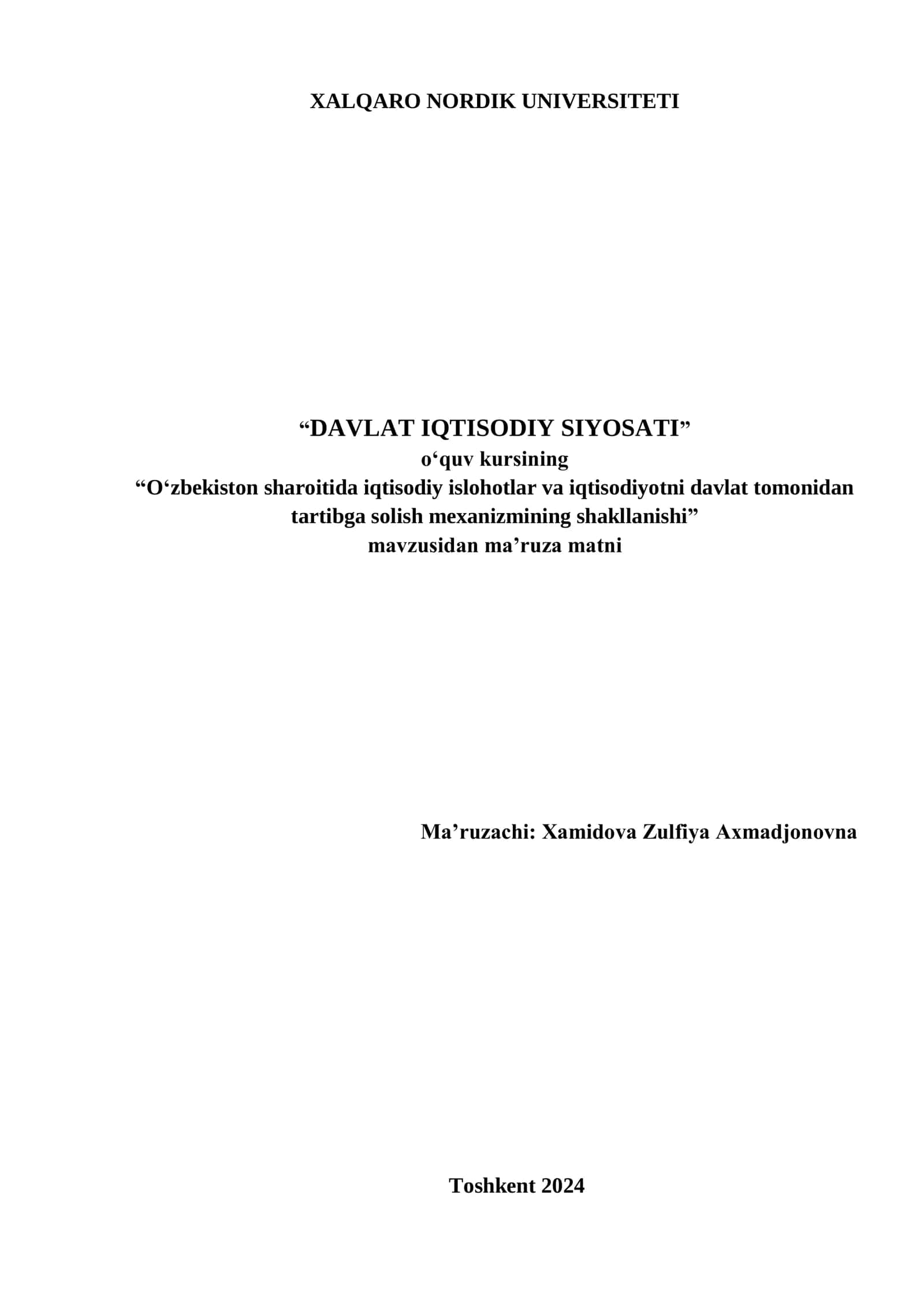 O‘zbekiston sharoitida iqtisodiy islohotlar va iqtisodiyotni davlat tomonidan tartibga solish mexanizmining shakllanishi