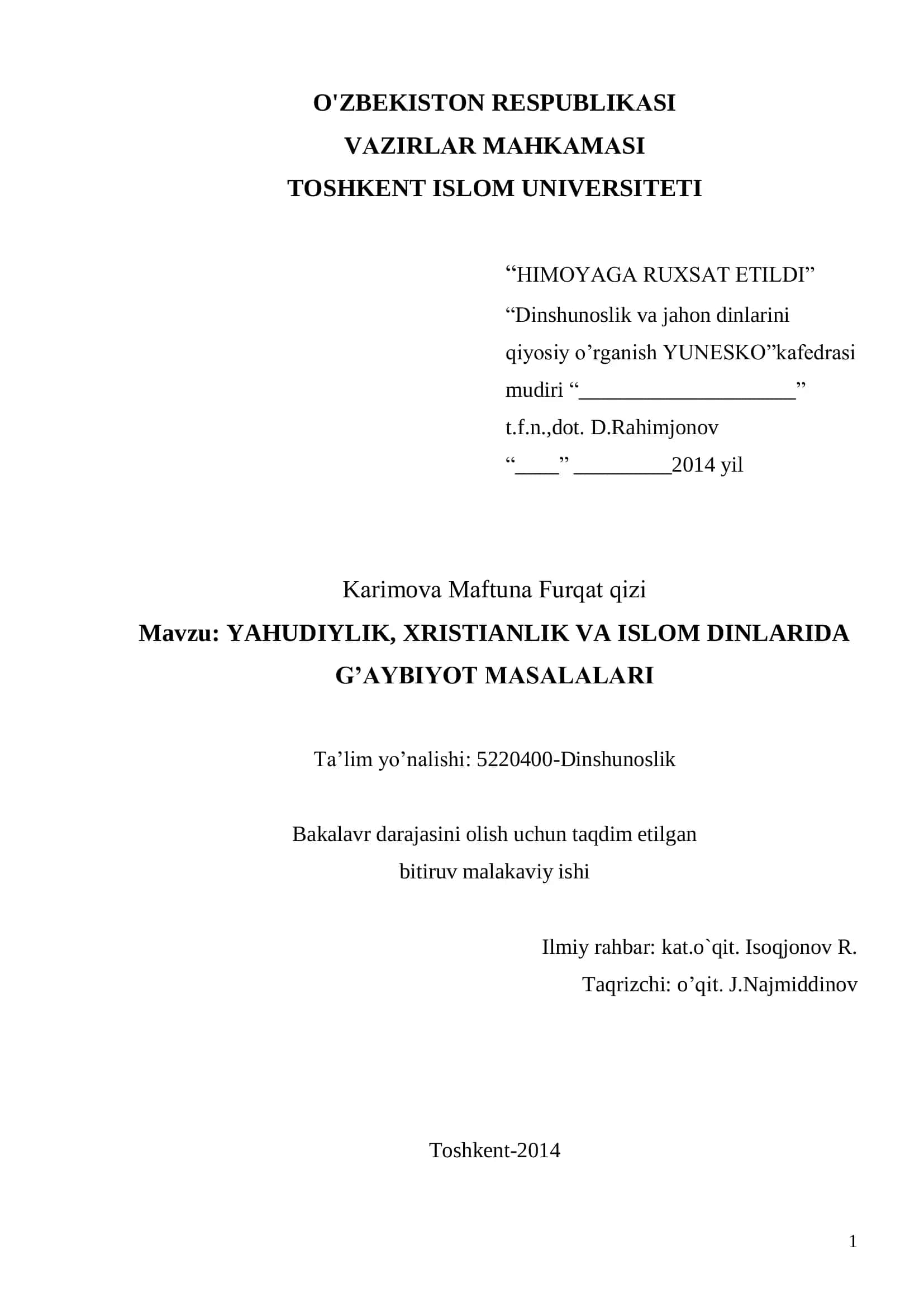 YAHUDIYLIK, XRISTIANLIK VA ISLOM DINLARIDA G’AYBIYOT MASALALARI