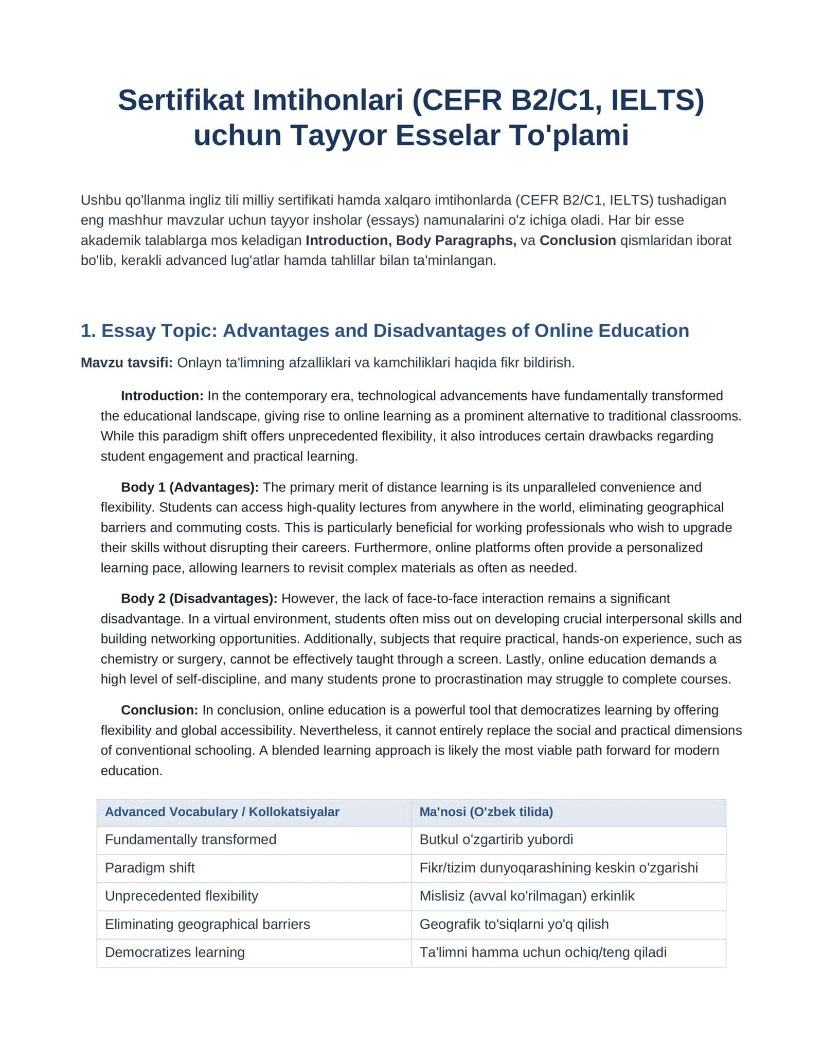 Tayyor esselar to'plami (Sertifikat Imtihonlari (CEFR B2/C1, IELTS) uchun)