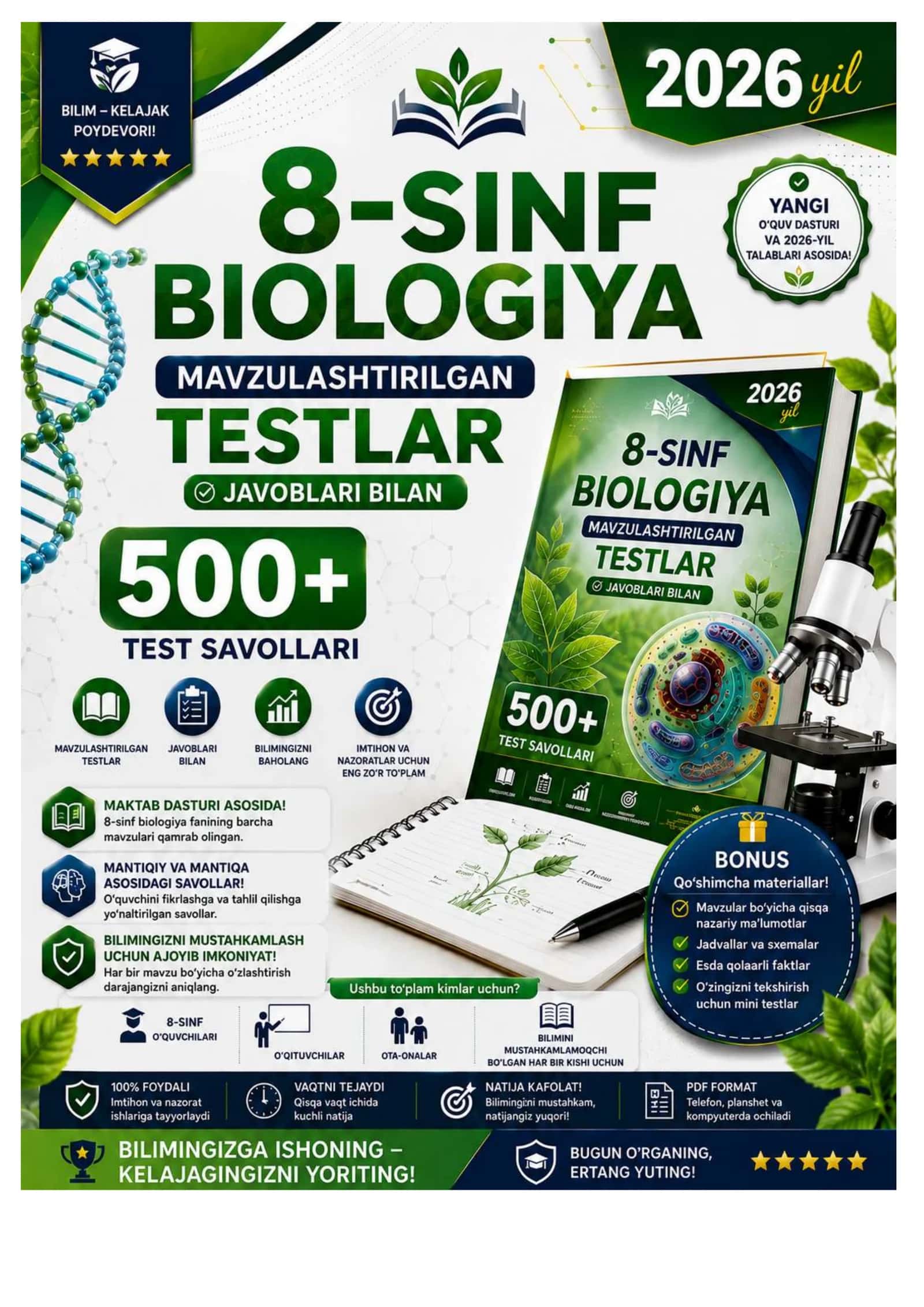 8-SINF BIOLOGIYA ODAM VA UNING SALOMATLIGI FANIDAN (500 TA MAVZULASHTIRILGAN TEST) 2026 YIL