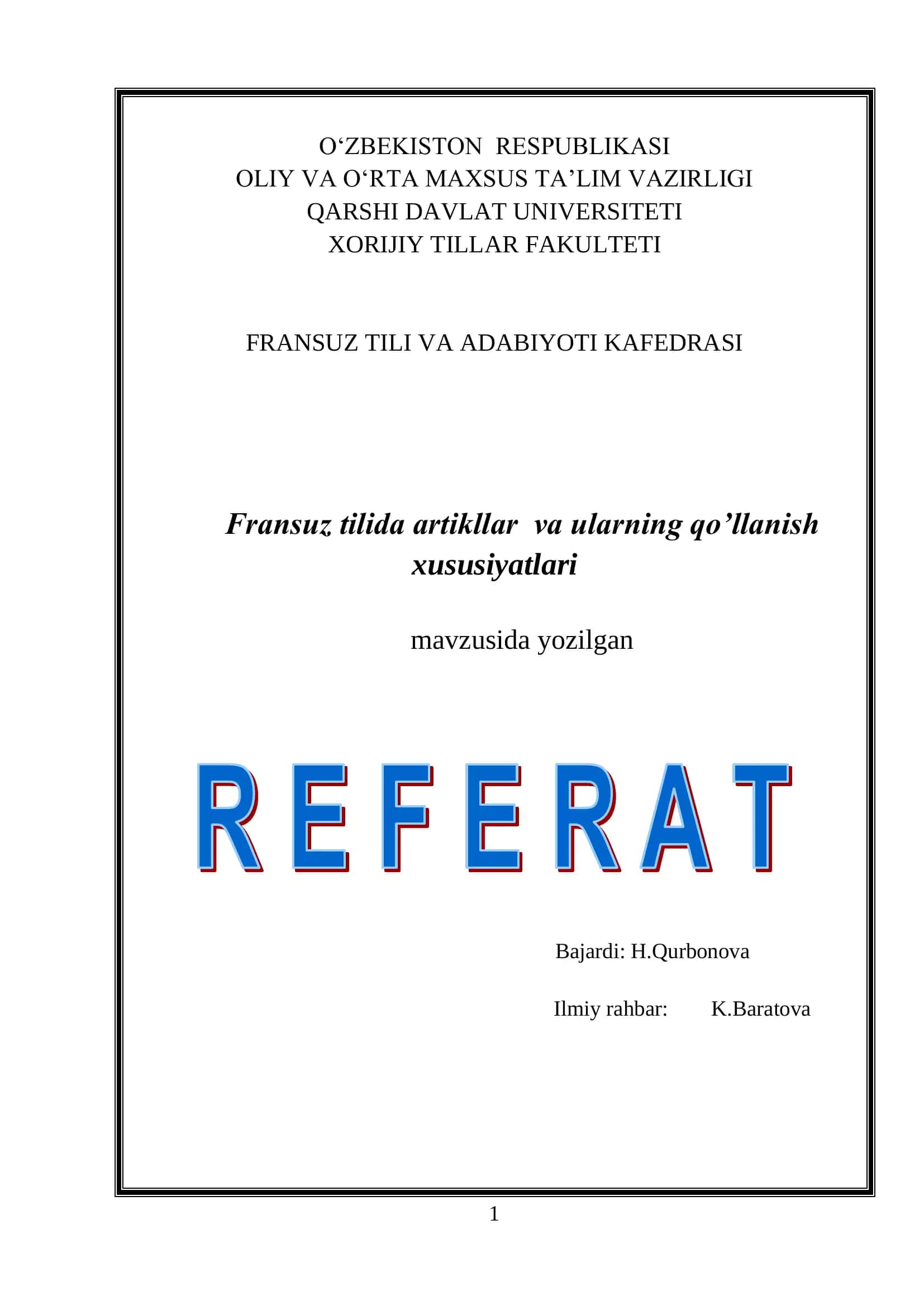 Fransuz tilida artikllar va ularning qo’llanish xususiyatlari