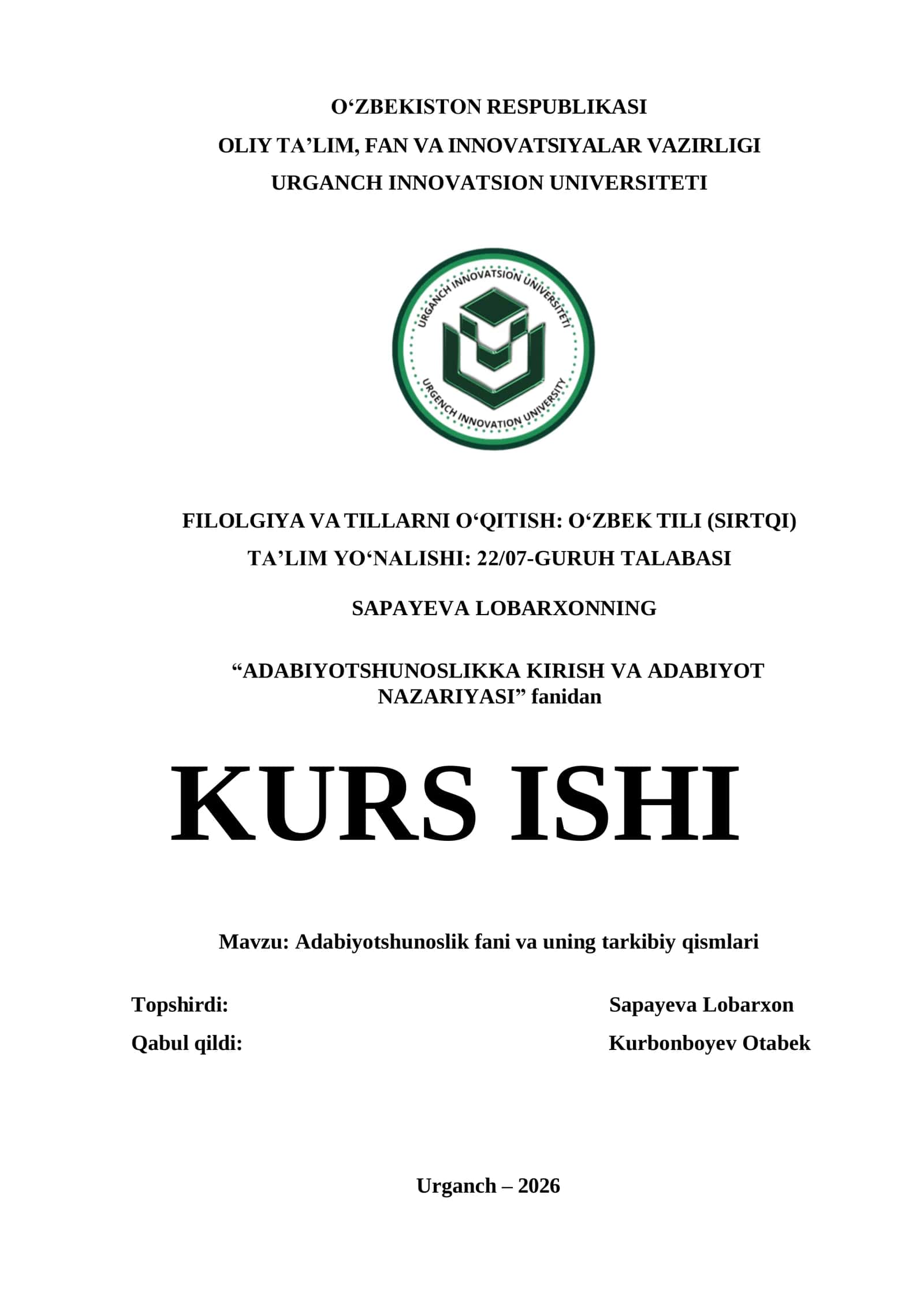 ADABIYOTSHUNOSLIK FANI VA UNING TARKIBIY QISMLARI