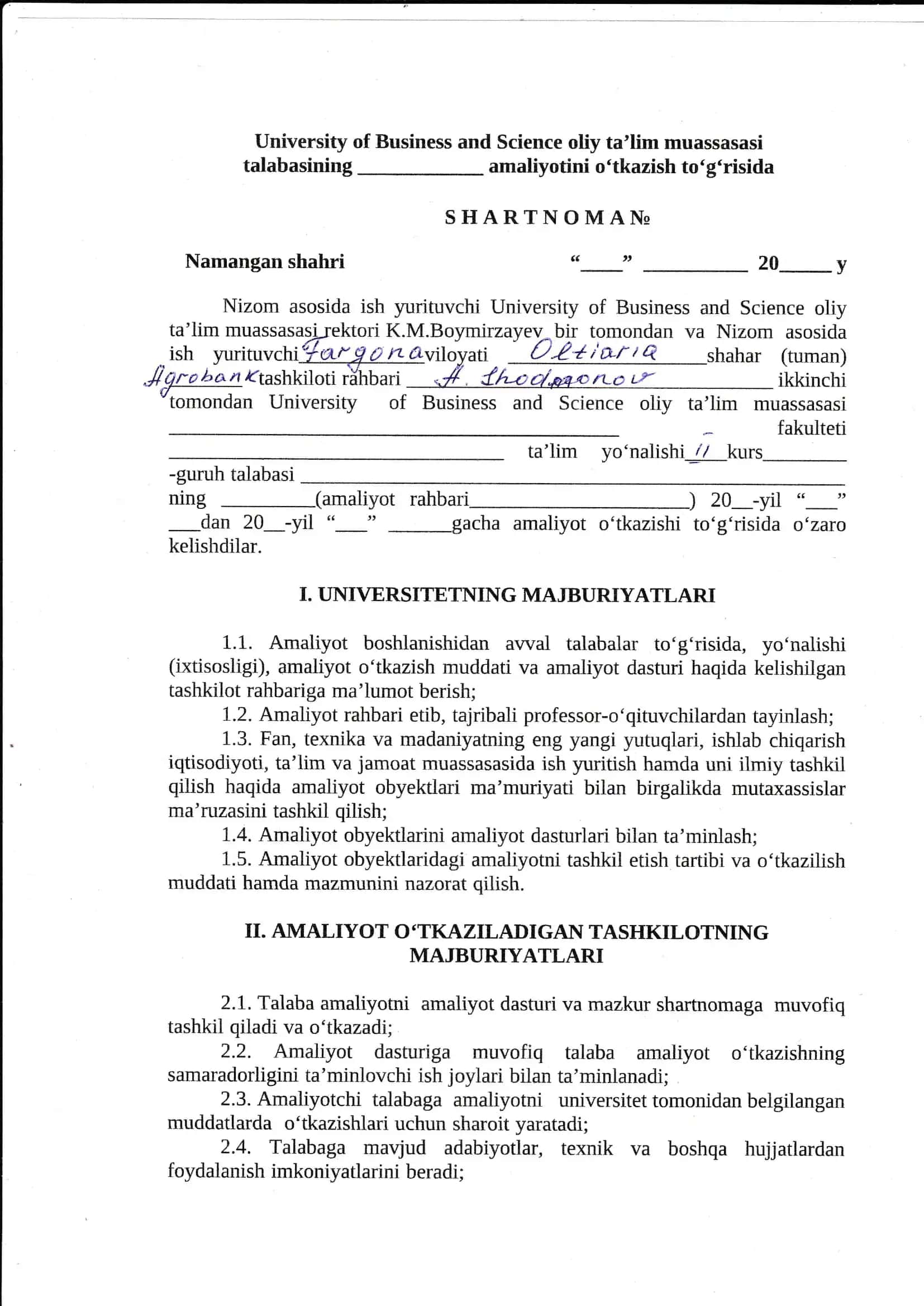 University of Business and Science Amaliy Shartnomasi