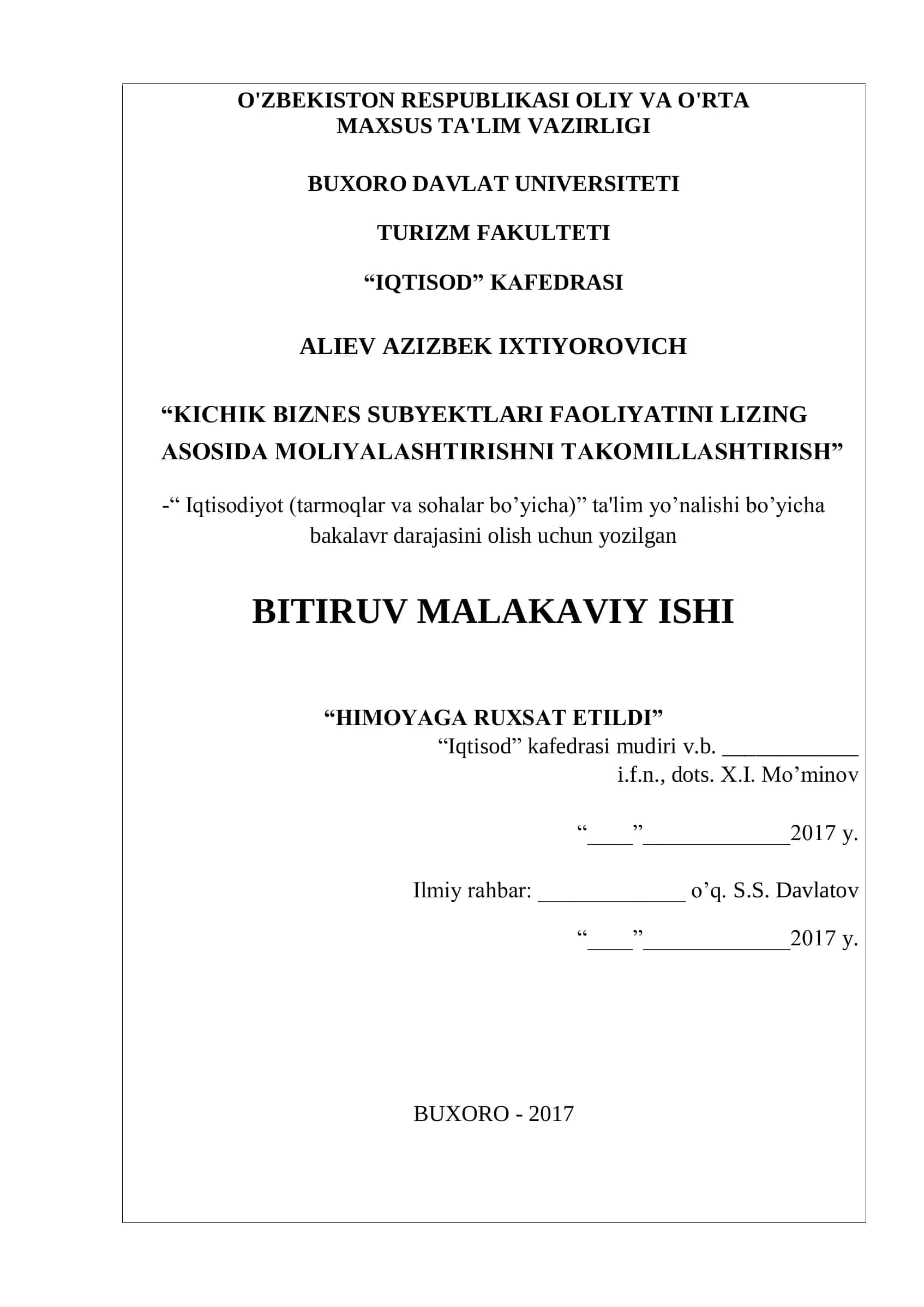 Kichik biznes subyektlari faoliyatini lizing asosida moliyalashtirishning nazariy va huquqiy asoslari