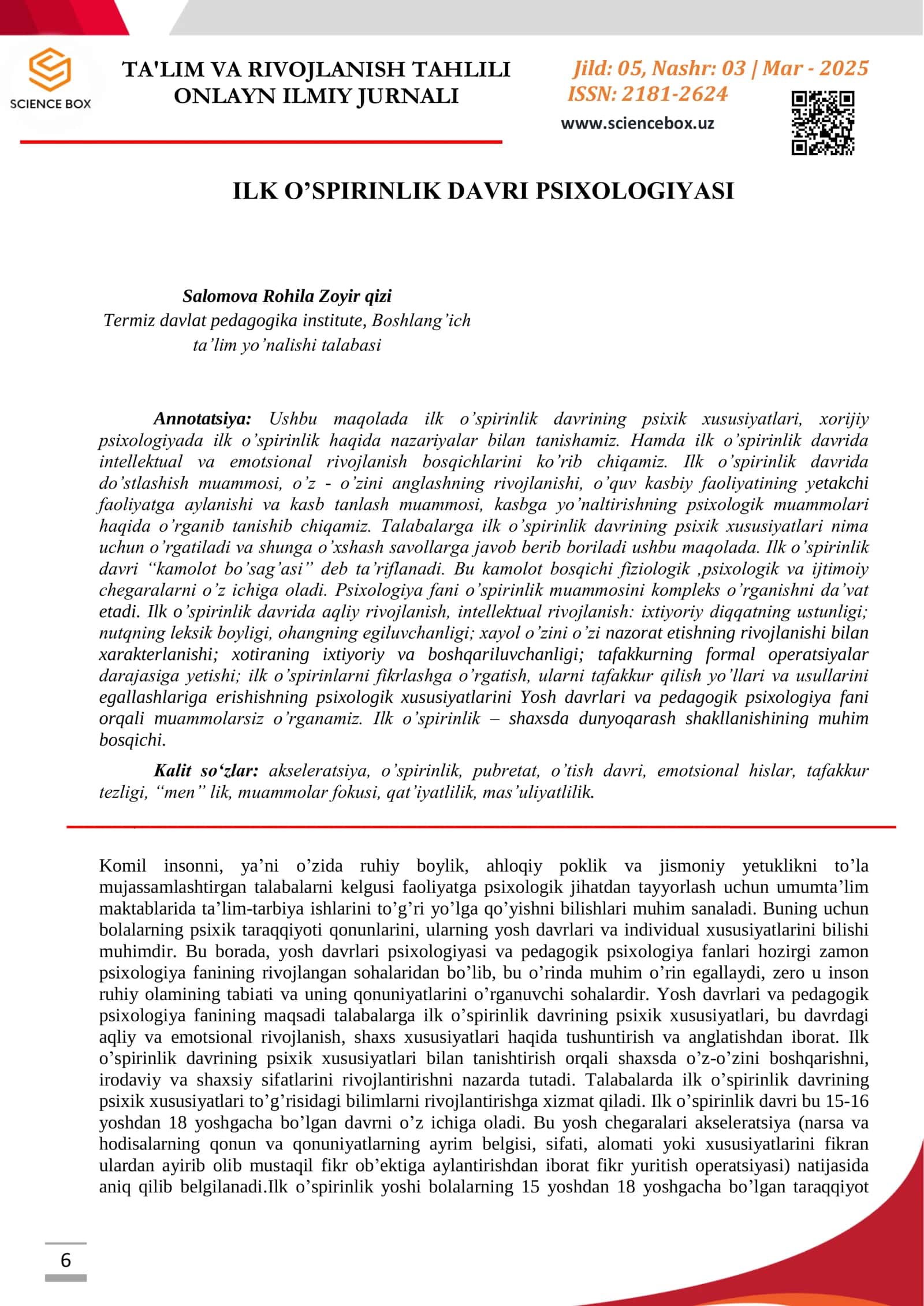 ILK O’SPIRINLIK DAVRI PSIXOLOGIYASI