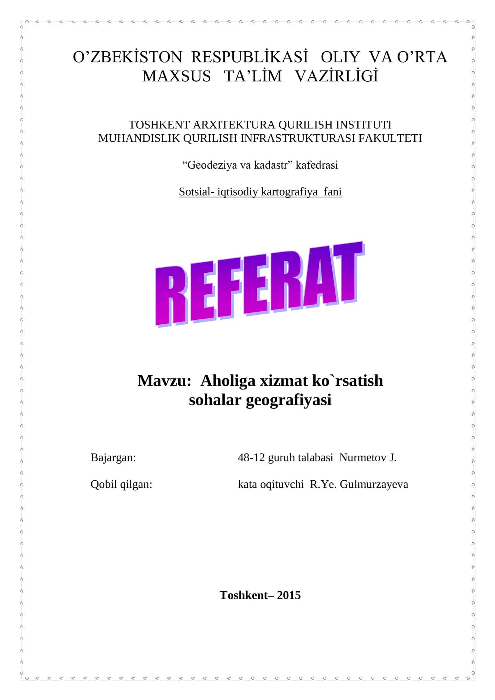 Aholiga xizmat ko`rsatish sohalar geografiyasi