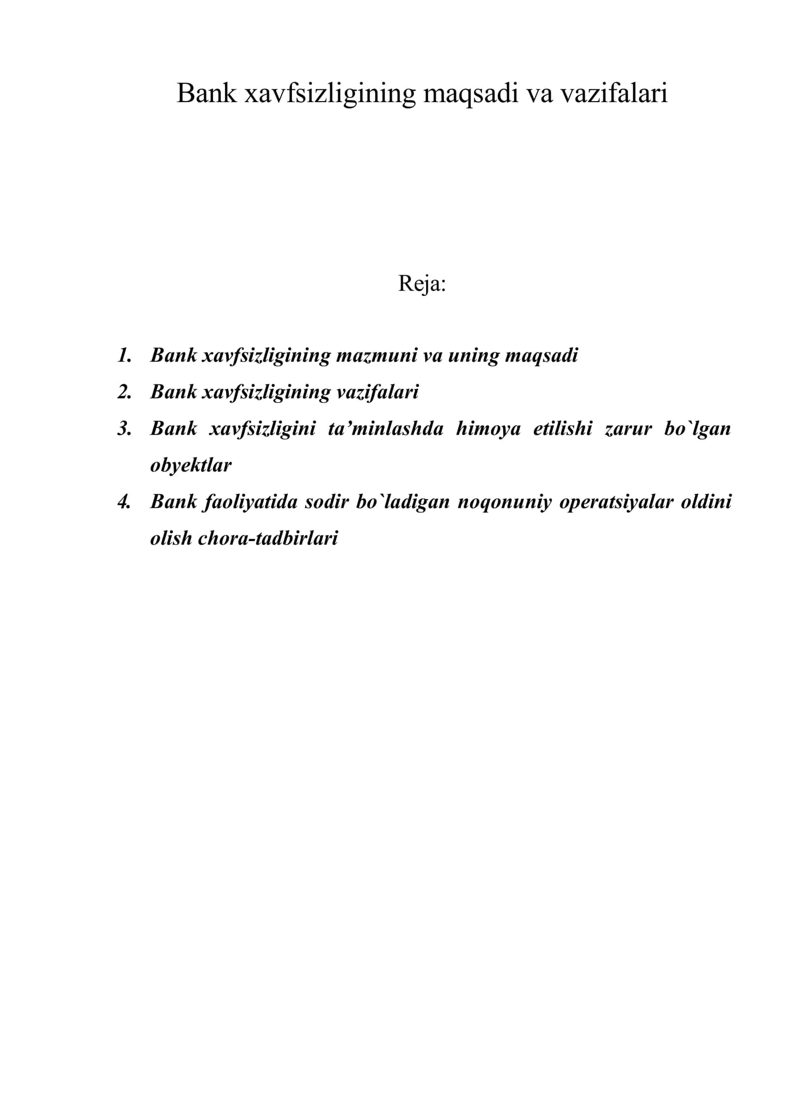Bank xavfsizligining maqsadi va vazifalari