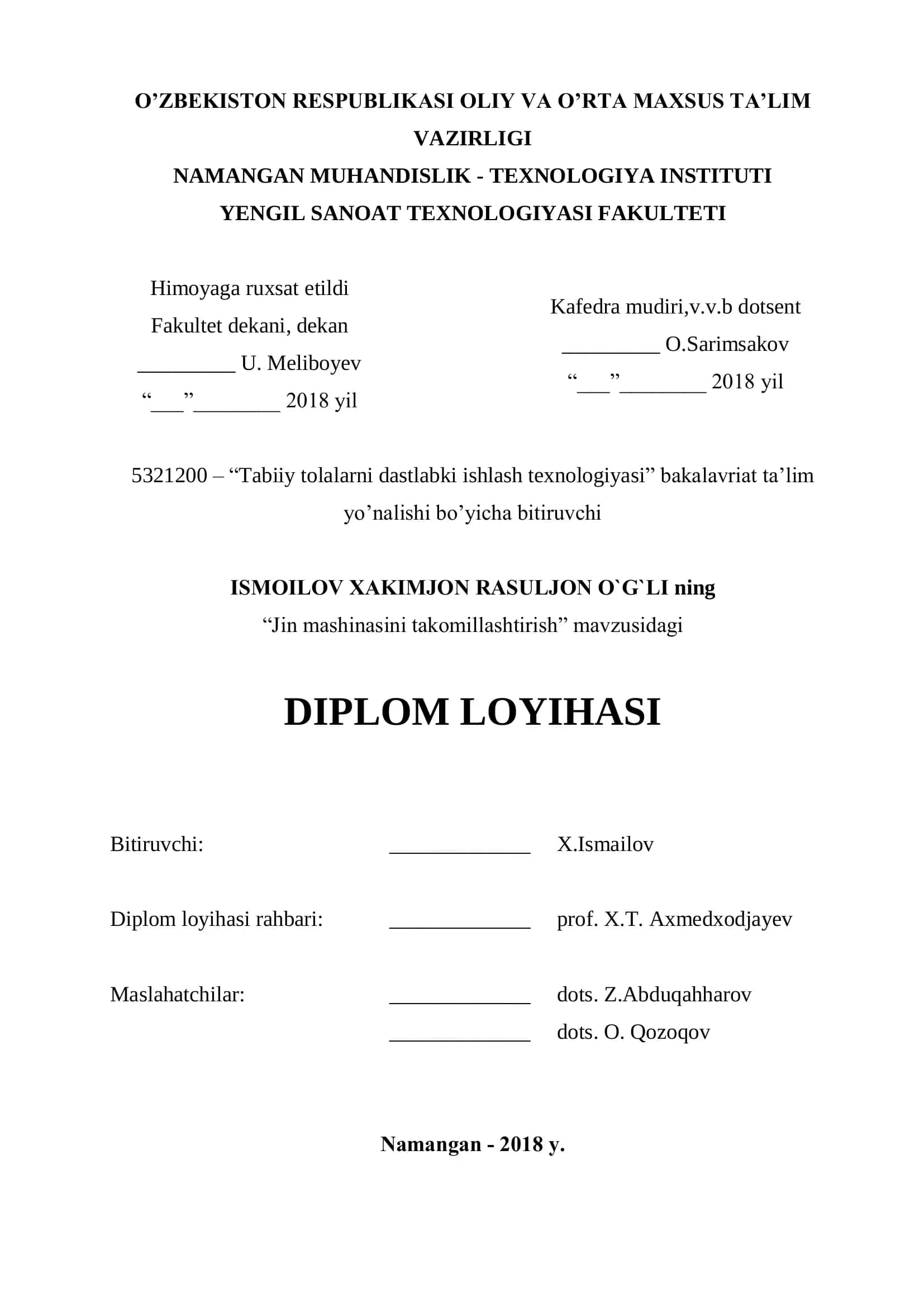 Tabiiy tolalarni dastlabki ishlash texnologiyasi