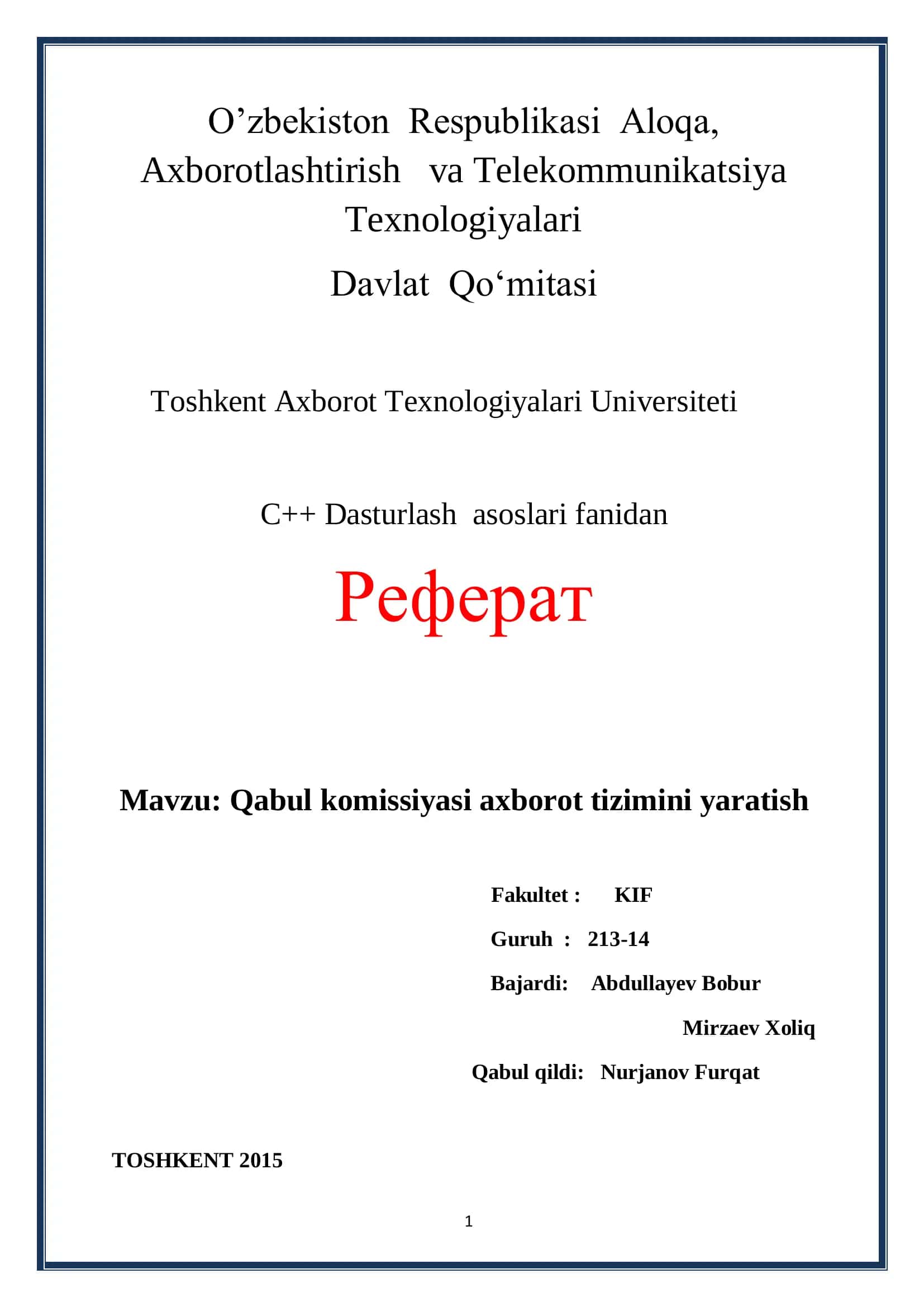 Qabul komissiyasi axborot tizimini yaratish