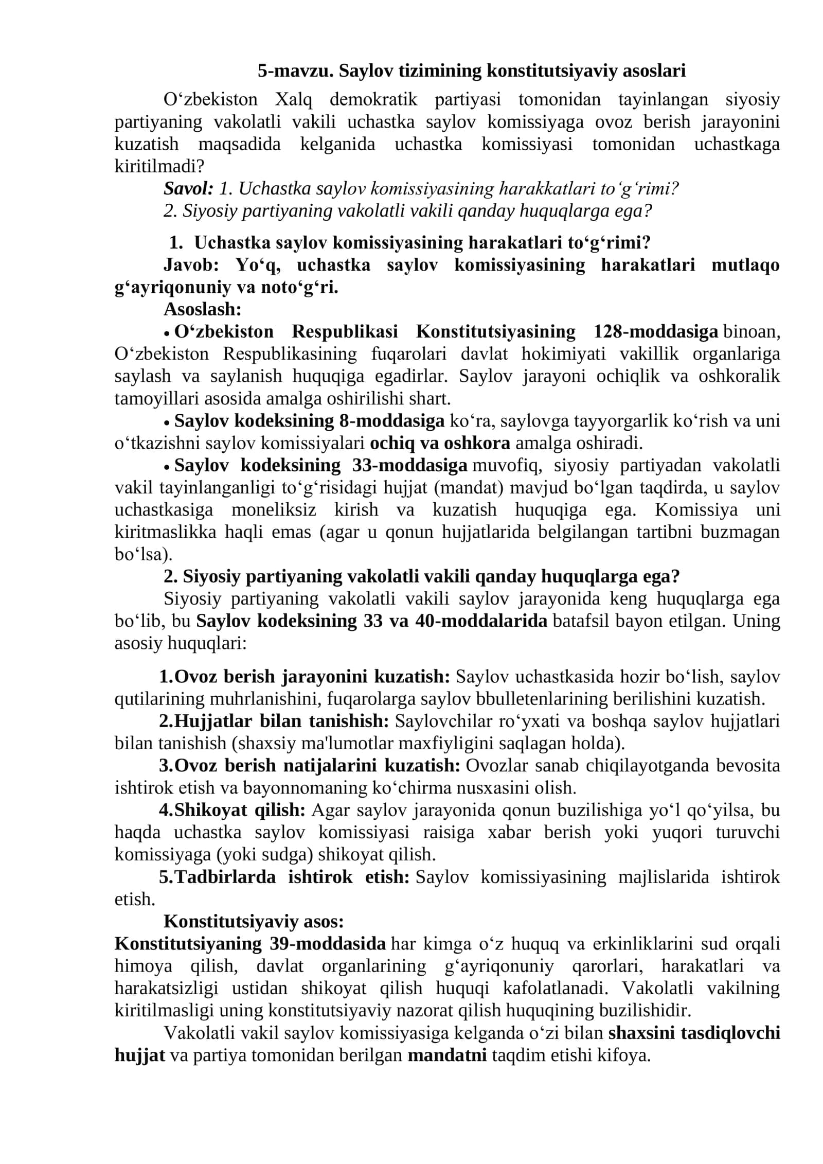 5-mavzu. Saylov tizimining konstitutsiyaviy asoslari