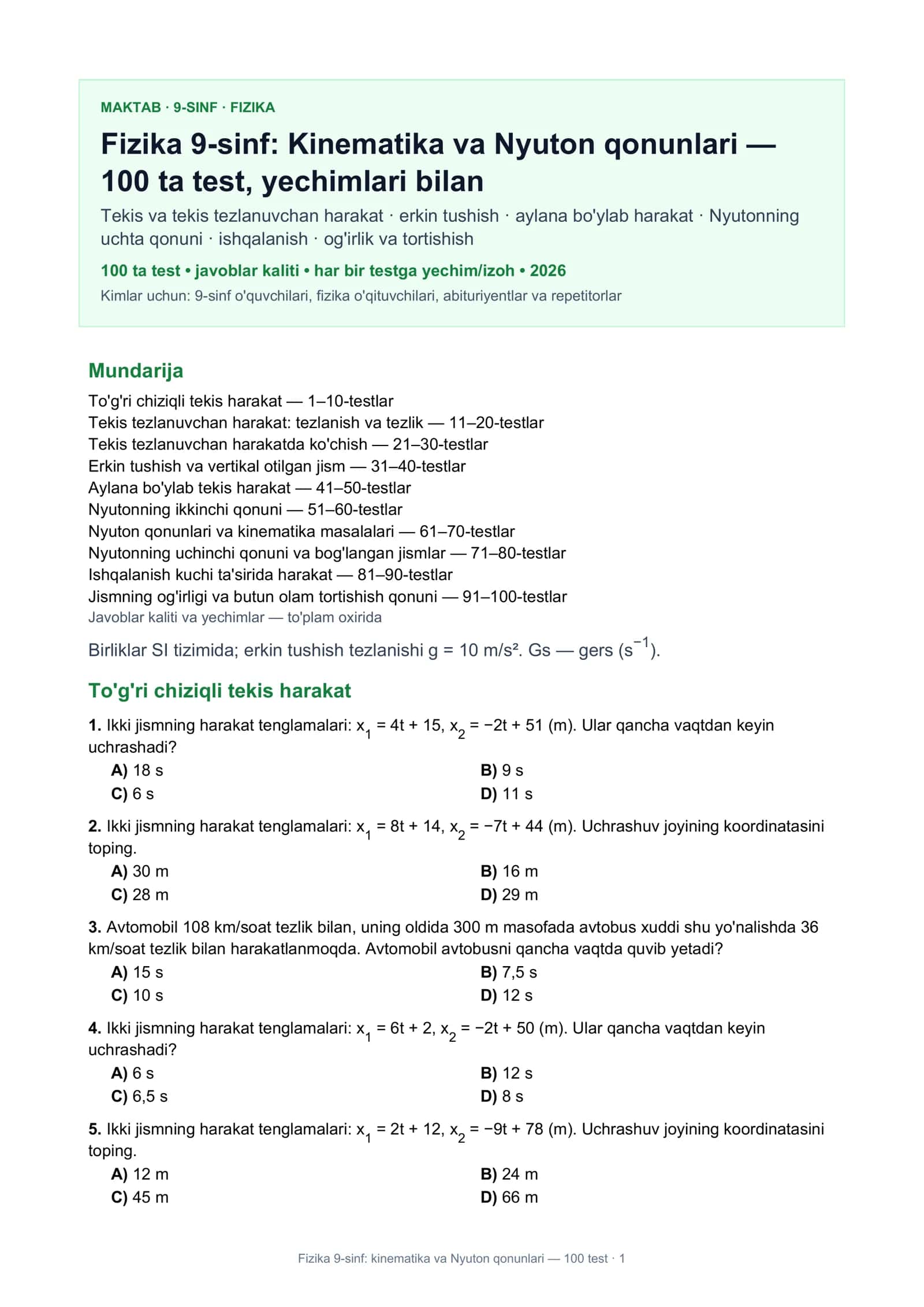 Fizika 9-sinf: kinematika va Nyuton qonunlari - 100 test