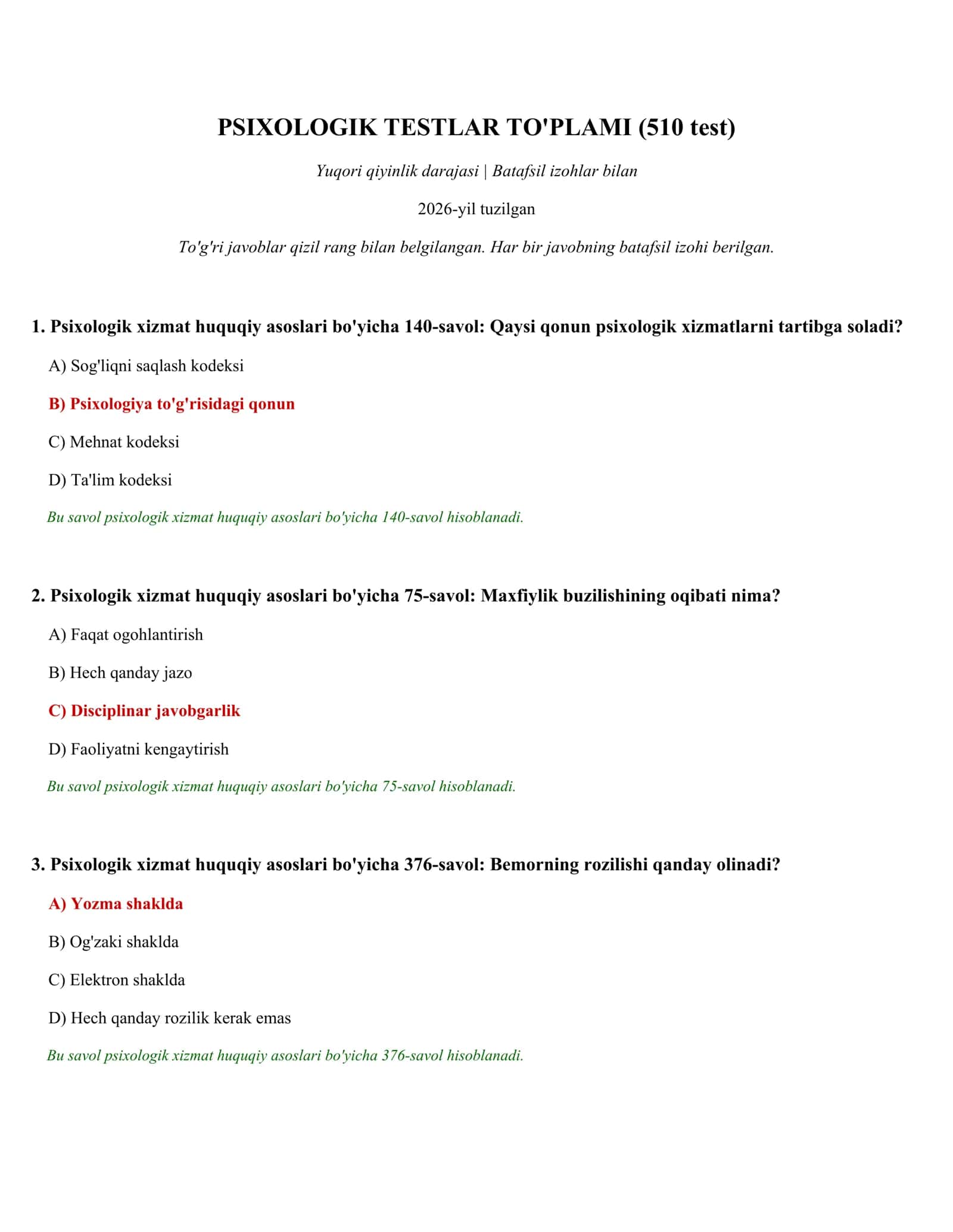 PSIXOLOGIK TESTLAR TO'PLAMI (510 test)