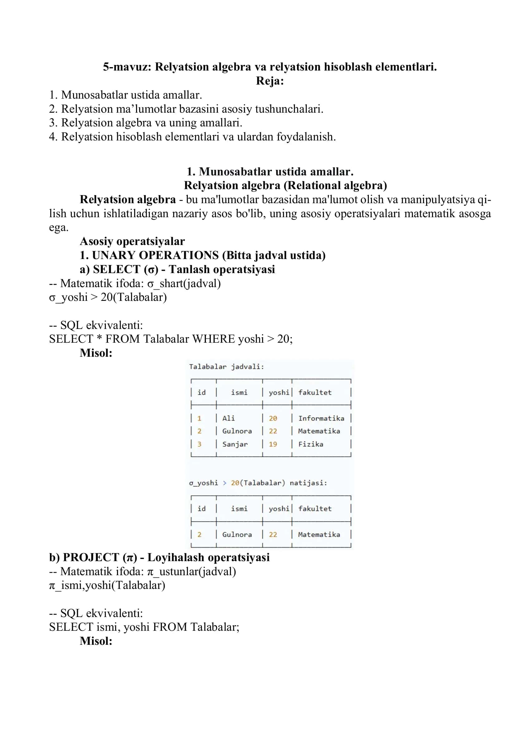 Relyatsion algebra va relyatsion hisoblash elementlari