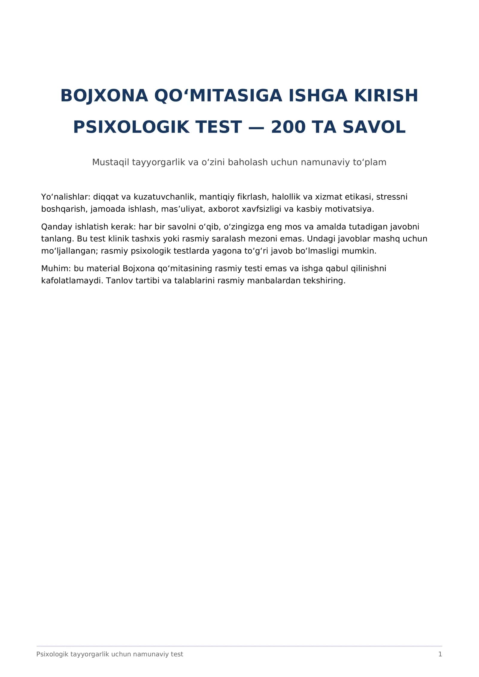 Bojxona qo‘mitasiga ishga kirish uchun 200 ta psixologik test — PDF