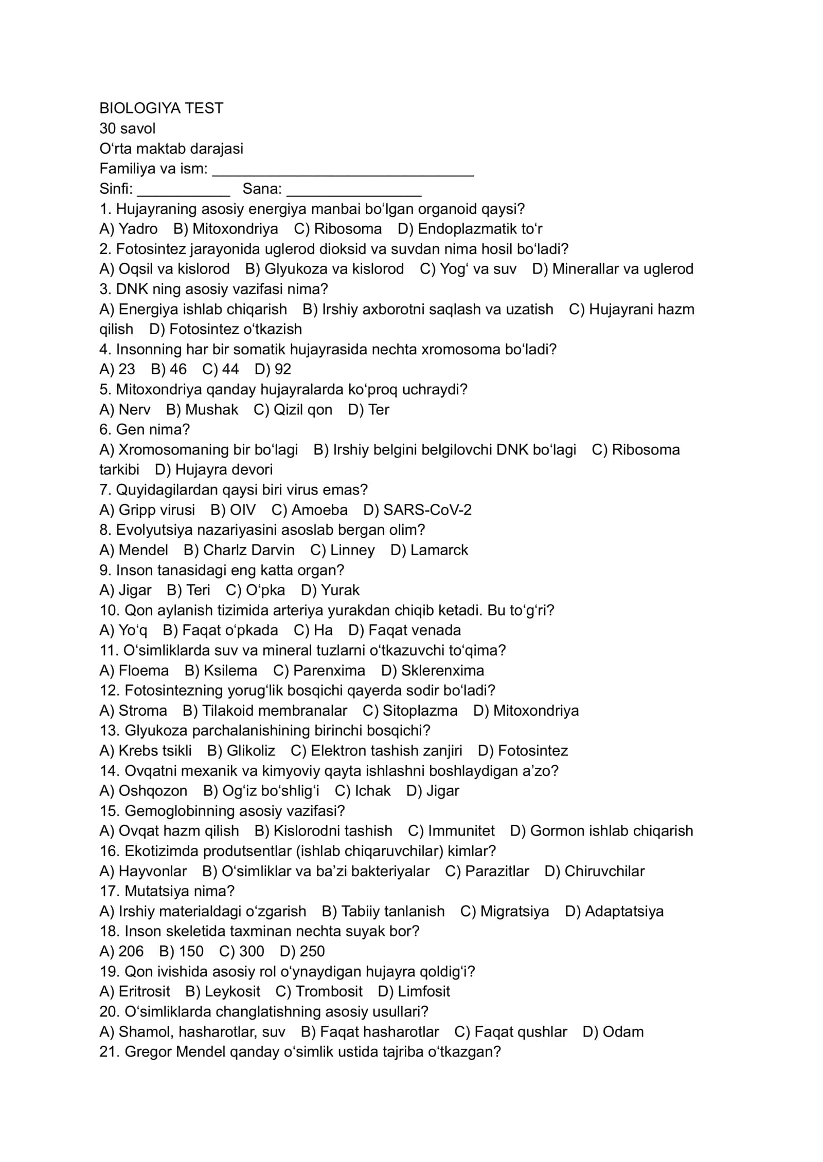 BIOLOGIYA TEST