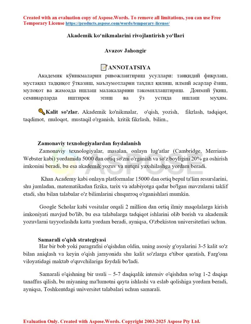 Akademik koʻnikmalarini rivojlantirish yoʻllari