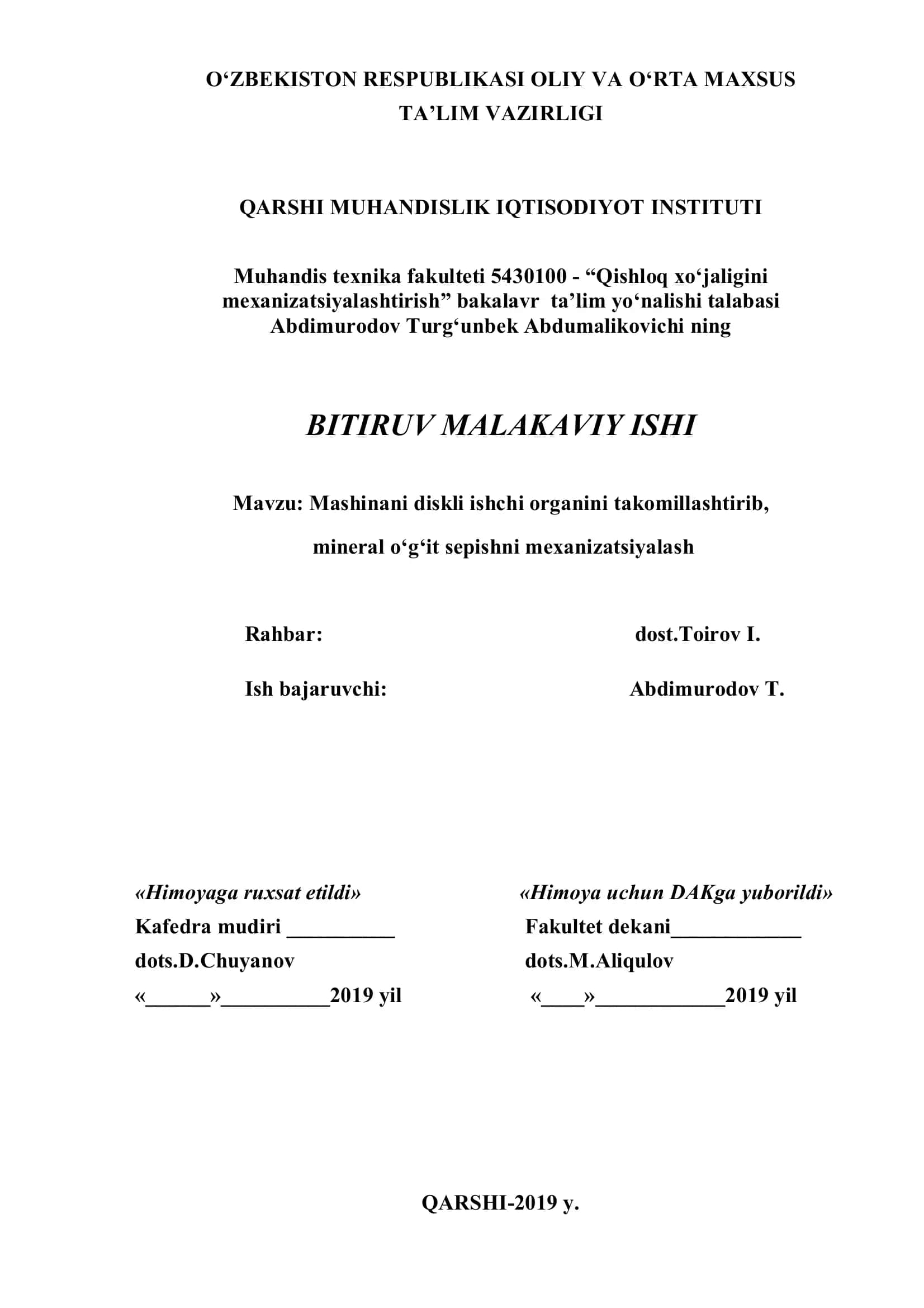 Mashinani diskli ishchi organini takomillashtirib, mineral o‘g‘it sepishni mexanizatsiyalash