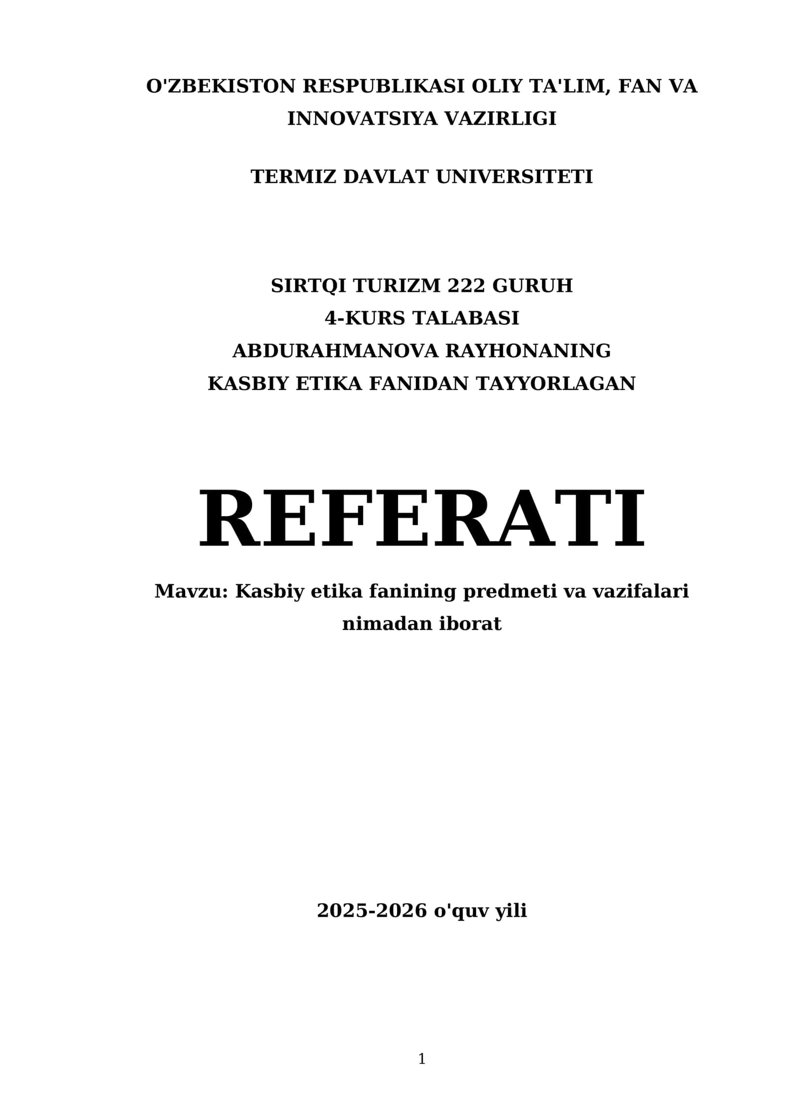 Kasbiy etika fanining predmeti va vazifalari nimadan iborat