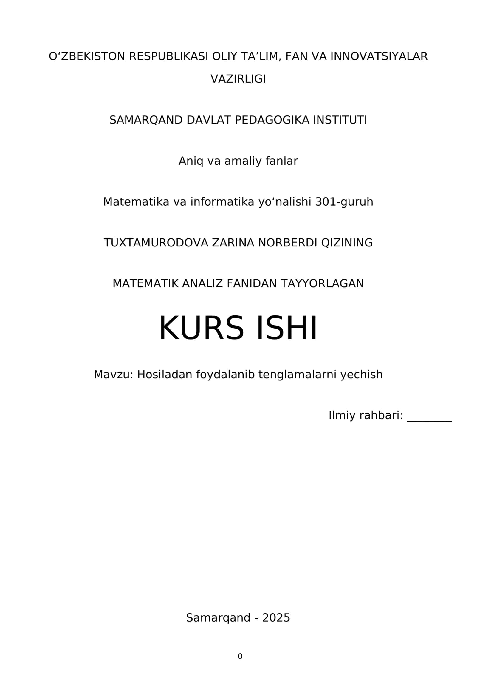 Kurs Işi: Hosiladan foydalanib tenglamalarni yechish