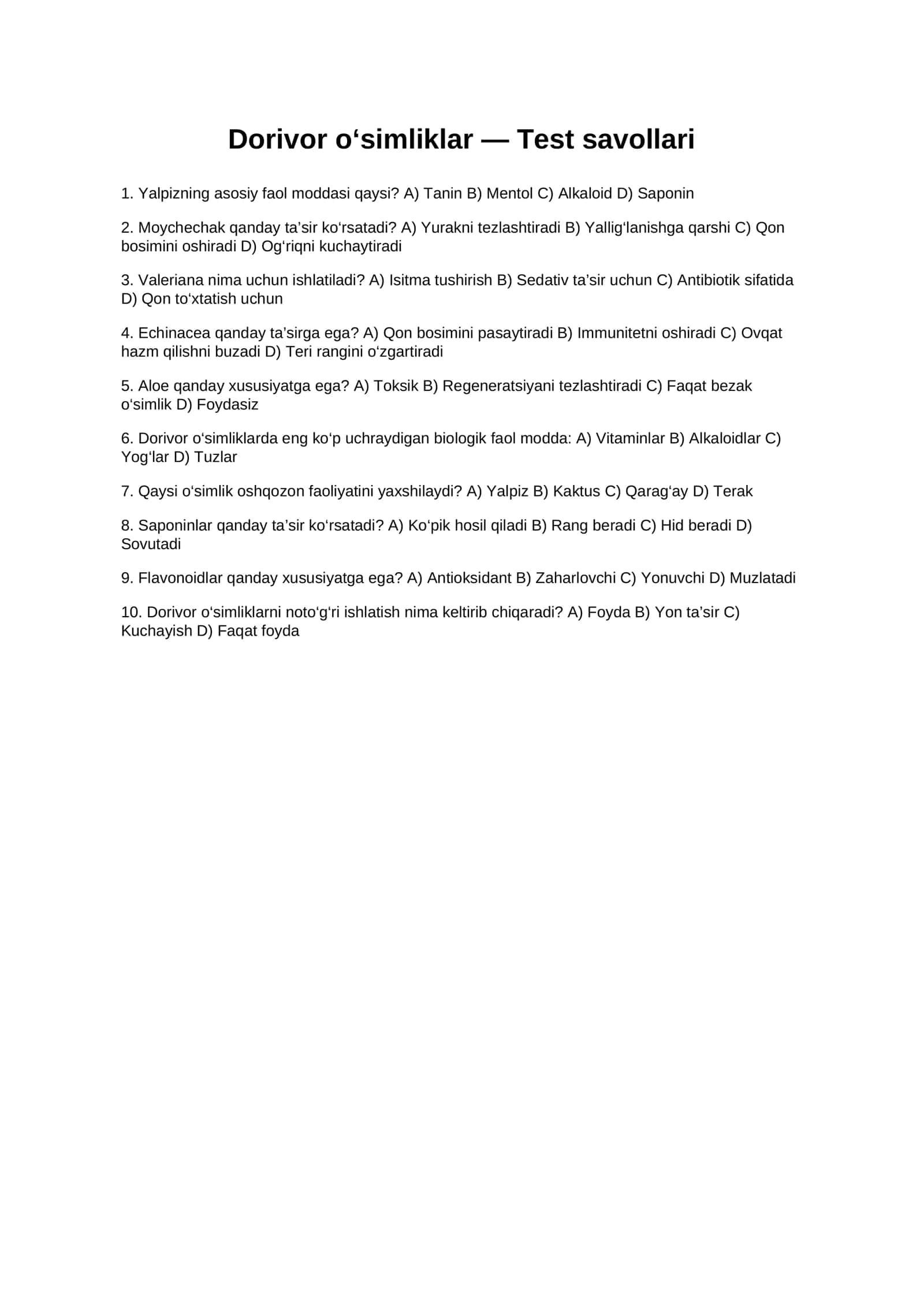 Dorivor o‘simliklar — Test savollari