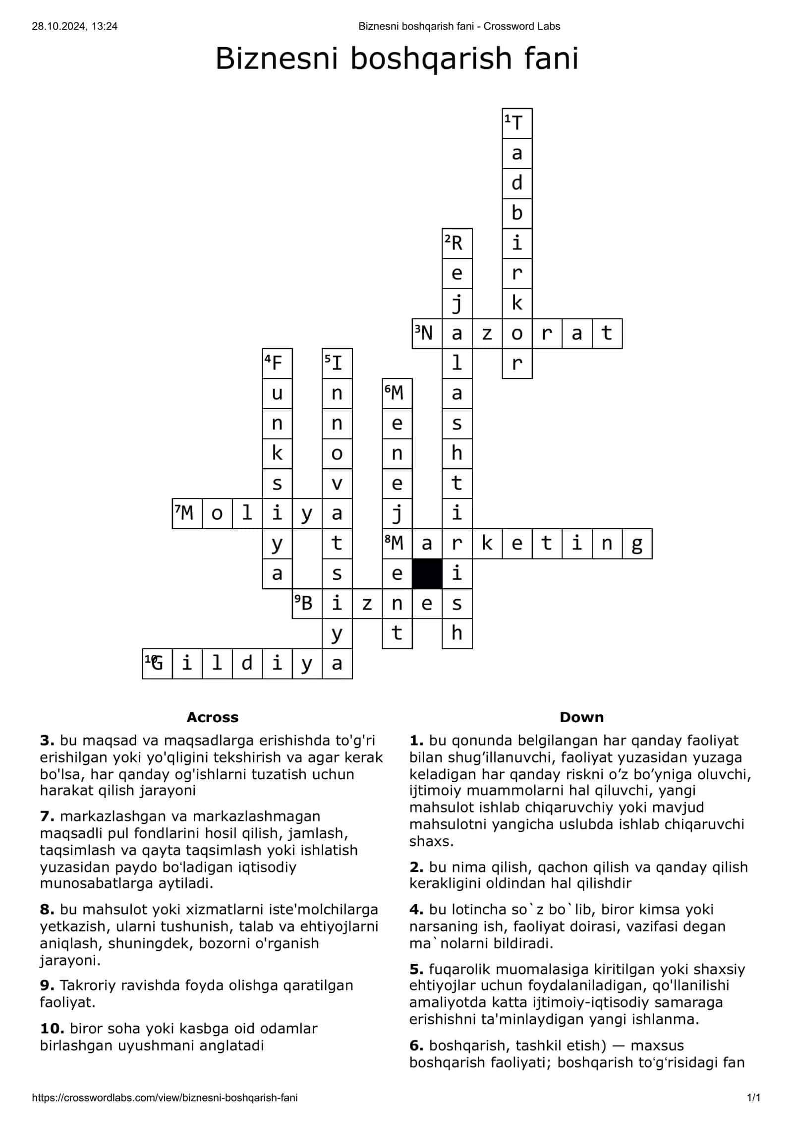 Biznesni boshqarish 1-Crossword javobi