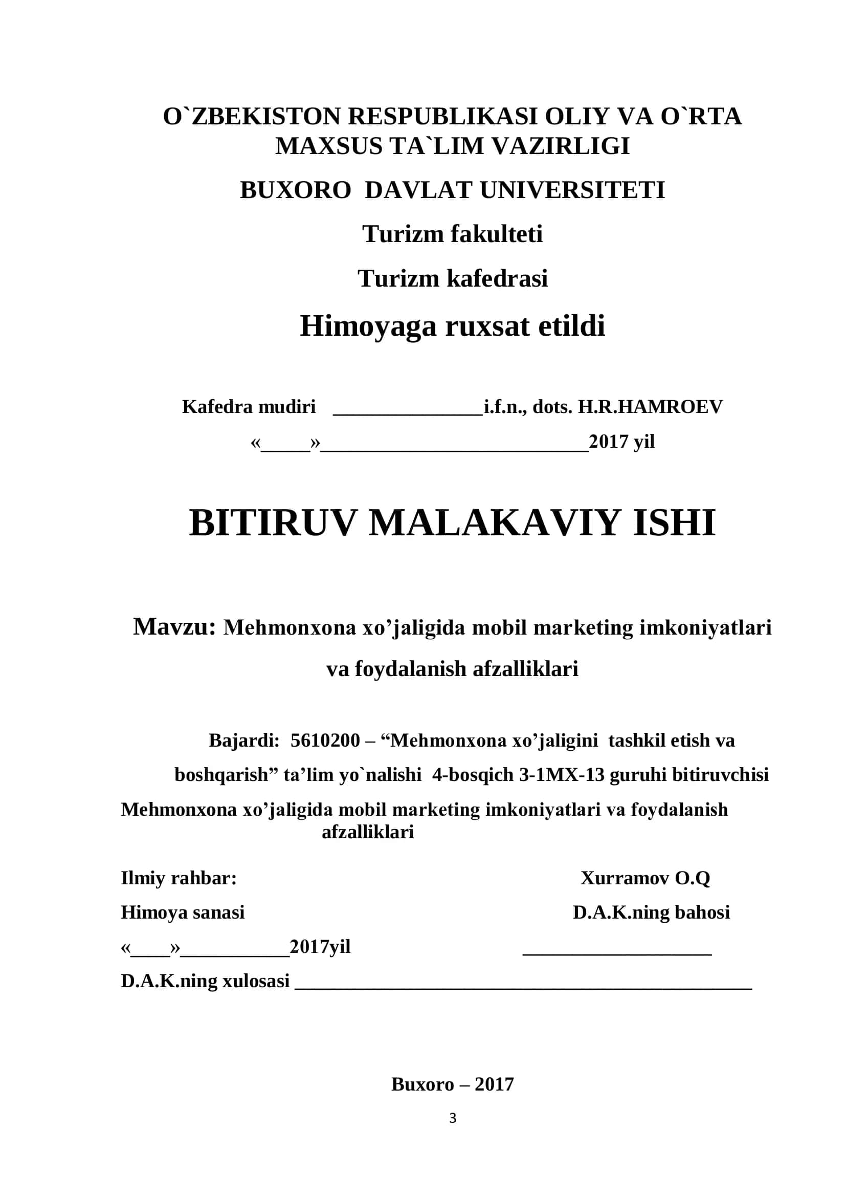 Mehmonxona xo’jaligida mobil marketing imkoniyatlari va foydalanish afzalliklari