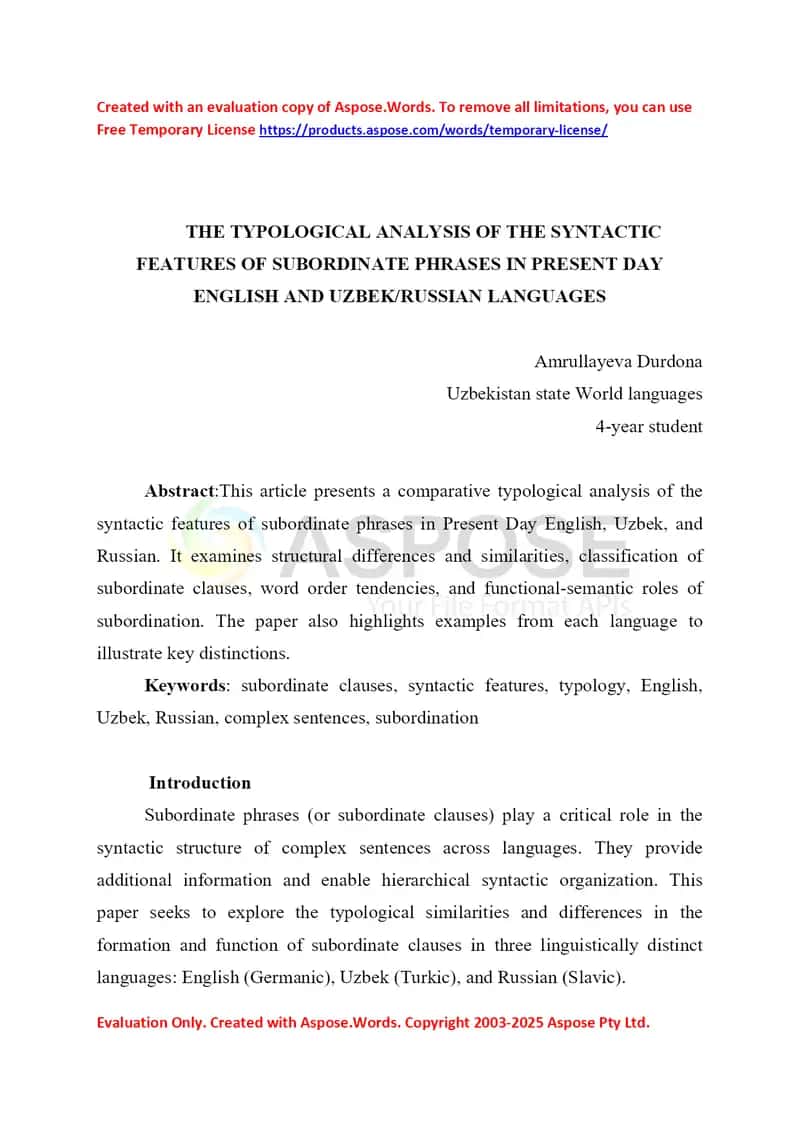 The Typological Analysis of the Syntactic Features of Subordinate Phrases in Present Day English and Uzbek/Russian Languages