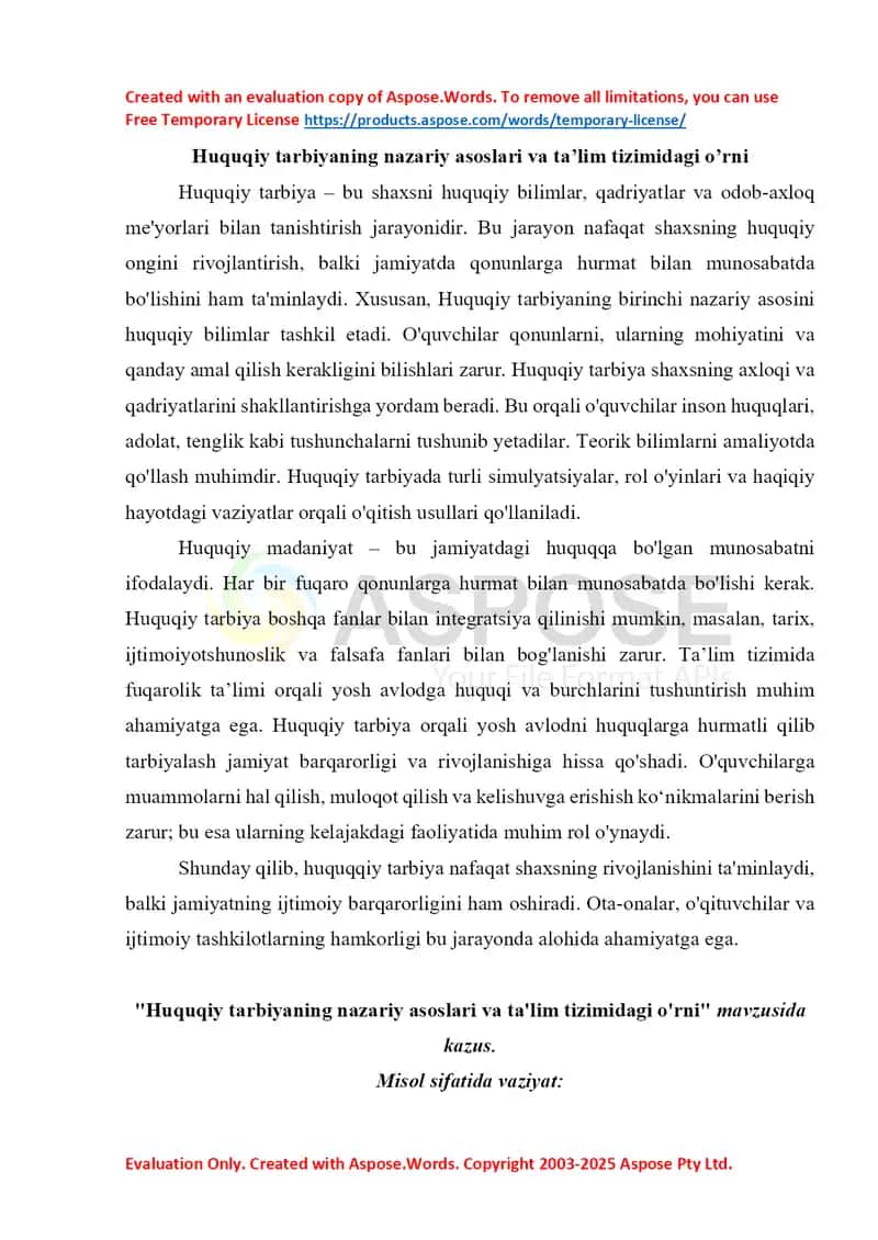 Huquq Kazus: Huquqiy tarbiyaning nazariy asoslari va ta’lim tizimidagi o’rni