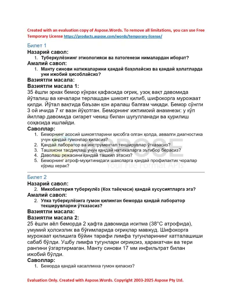 Tuberkulёz mavzusida nazariy va amaliy savollar (Biletlar 1–7)